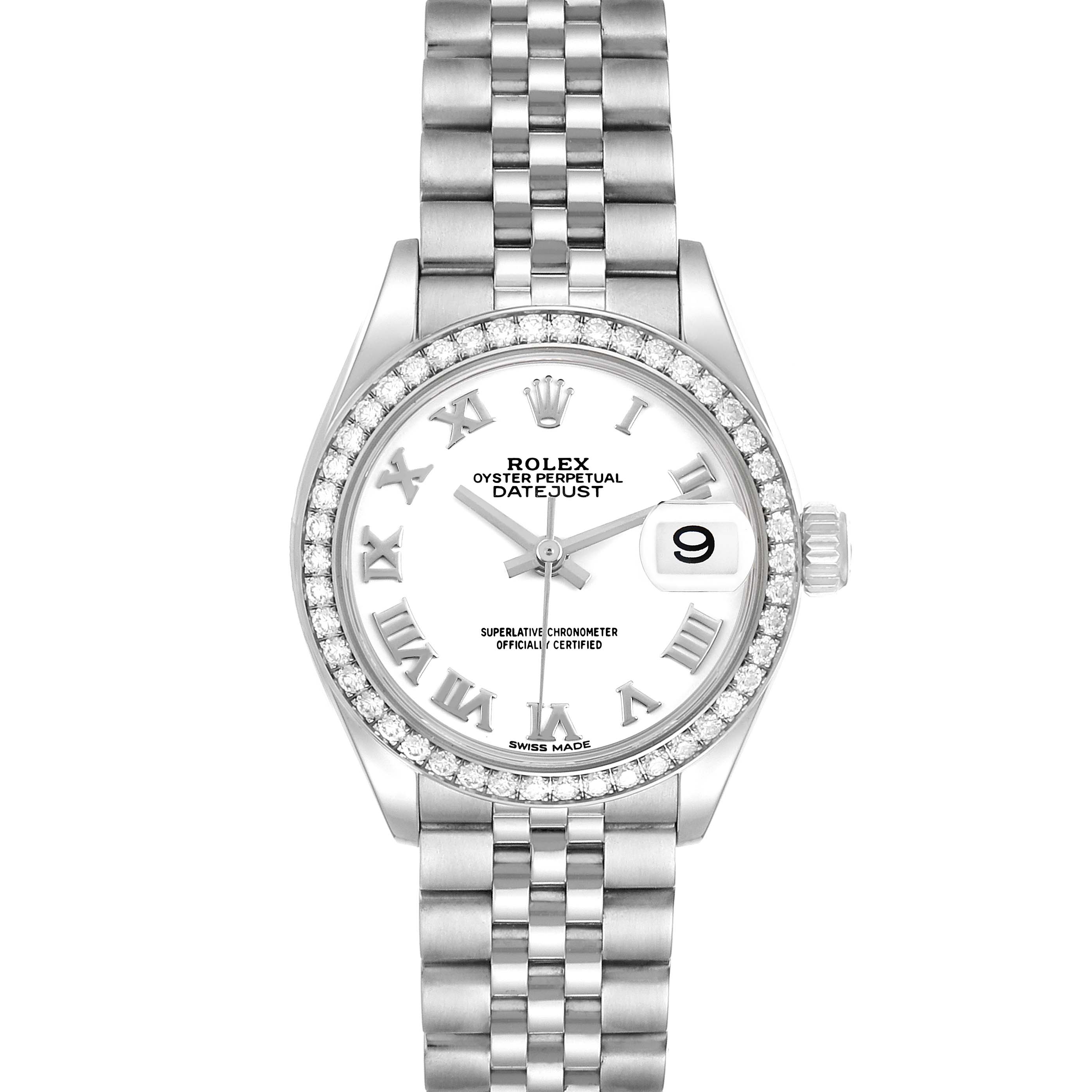 The Rolex Datejust 279384 Women's Stainless Steel White Dial watch is shown from a front view, highlighting the dial, bezel, and bracelet.