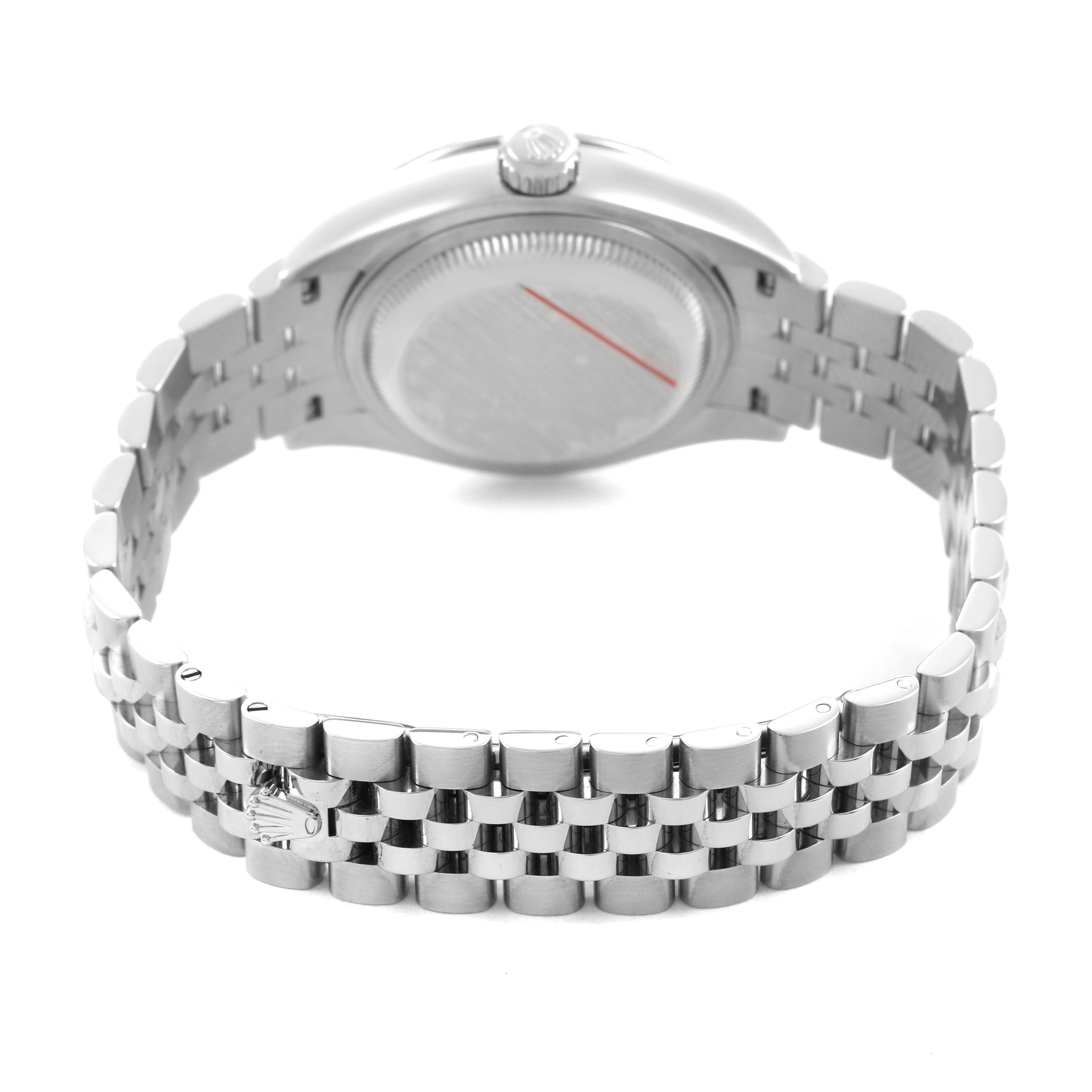The Rolex Datejust 279384 Women's Stainless Steel White Dial watch is shown from the back, highlighting the case, crown, and Jubilee bracelet.