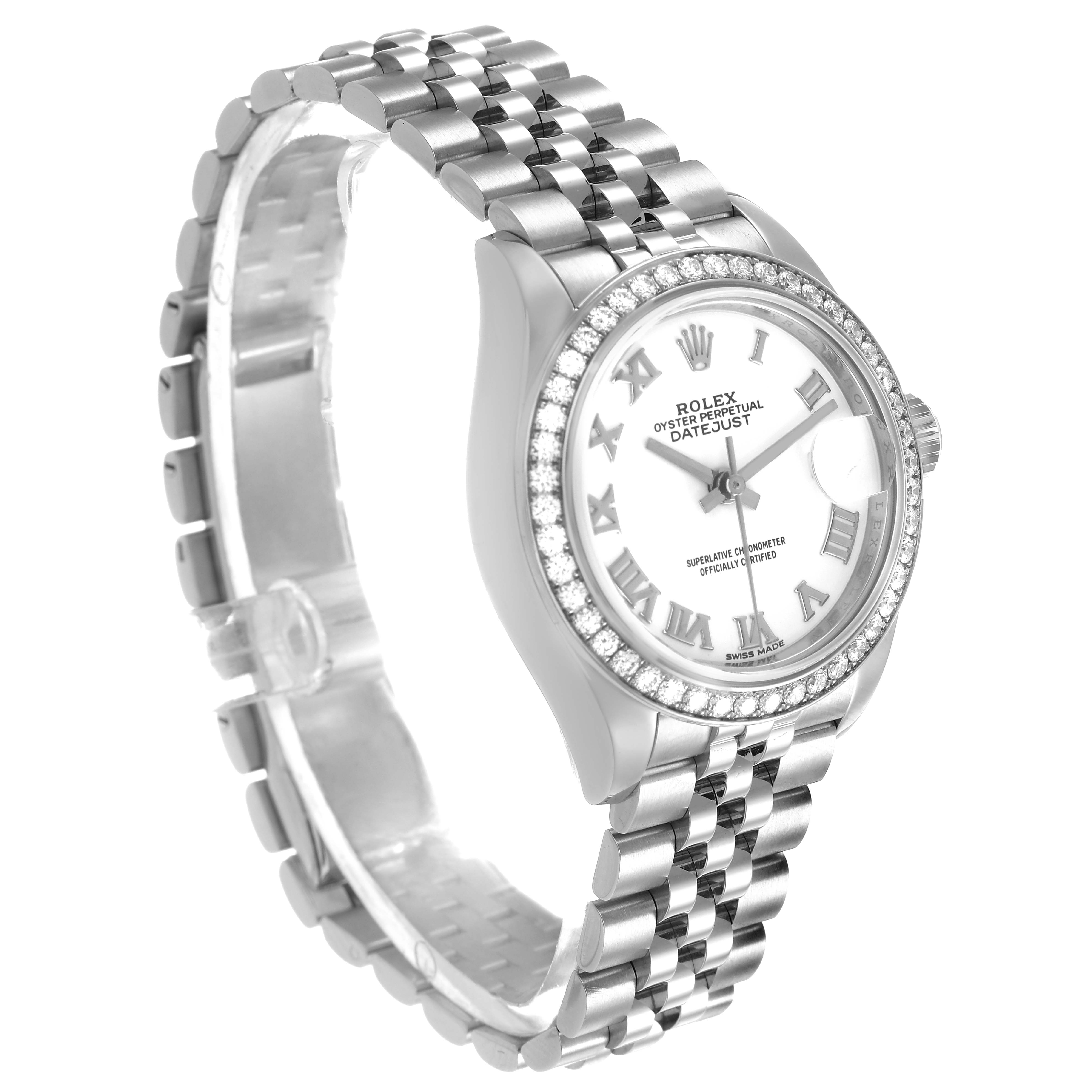 The Rolex Datejust 279384 Women's Stainless Steel White Dial watch is shown at an angled side view, featuring its bezel, dial, and Jubilee bracelet.