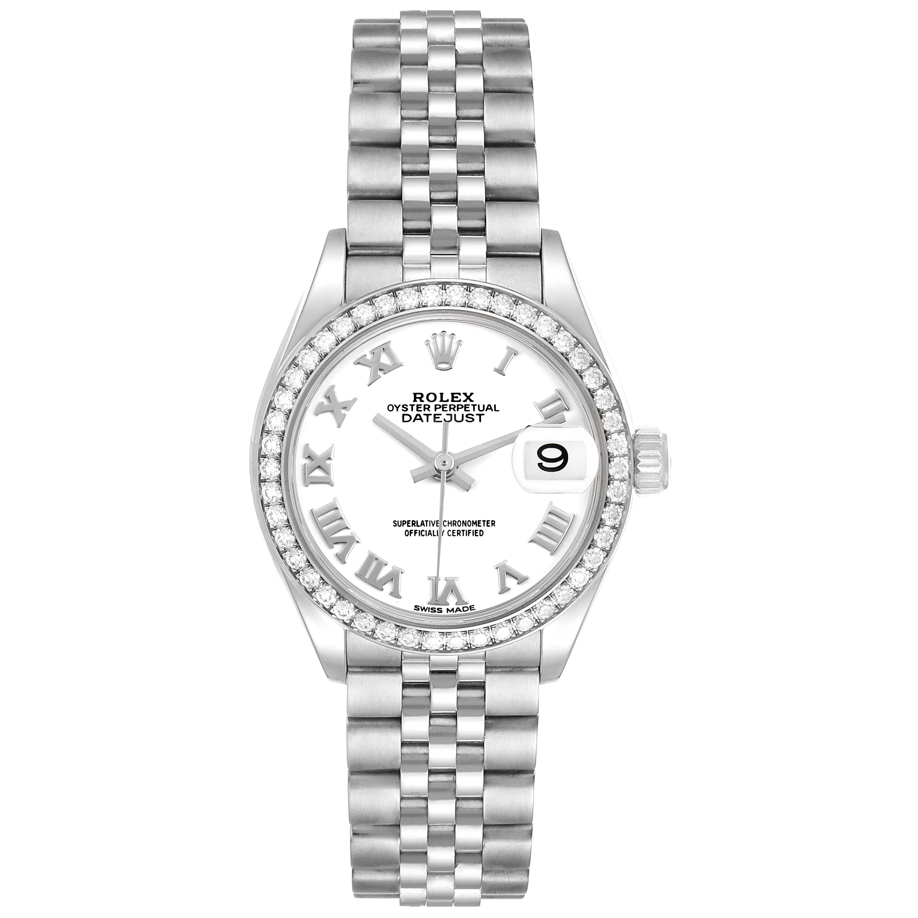 This Rolex Datejust 279384 Women's Stainless Steel White Dial watch is shown from a top-down angle, displaying the bezel, face, bracelet, and crown.