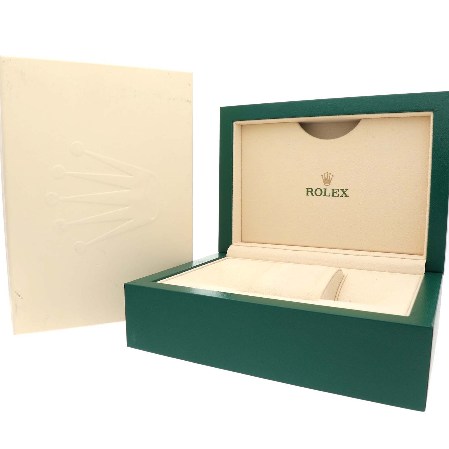 The image shows an open Rolex Datejust 279384 Women's Stainless Steel White Dial box, featuring both the green outer case and the cream interior.