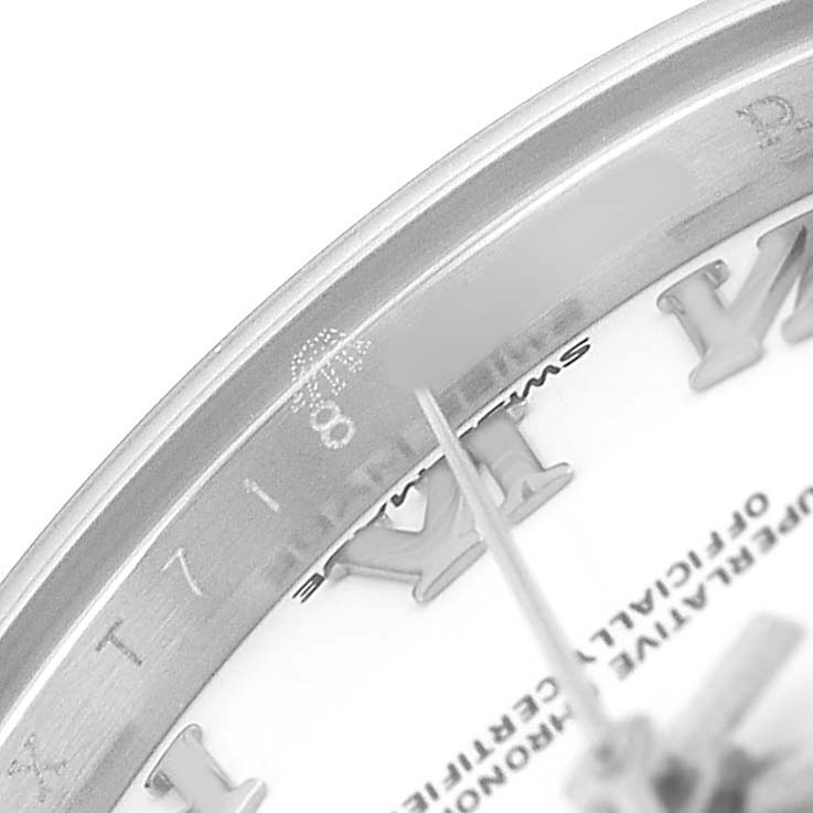 The image shows a close-up of the dial edge and hands of a Rolex Datejust 279384 Women's Stainless Steel White Dial, highlighting the Roman numerals and inner bezel.