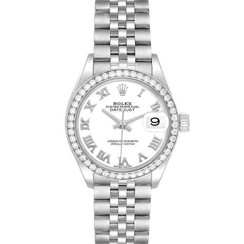 The image shows a front view of a Rolex Datejust 279384 Women's Stainless Steel White Dial, highlighting the dial, bezel, crown, and bracelet.