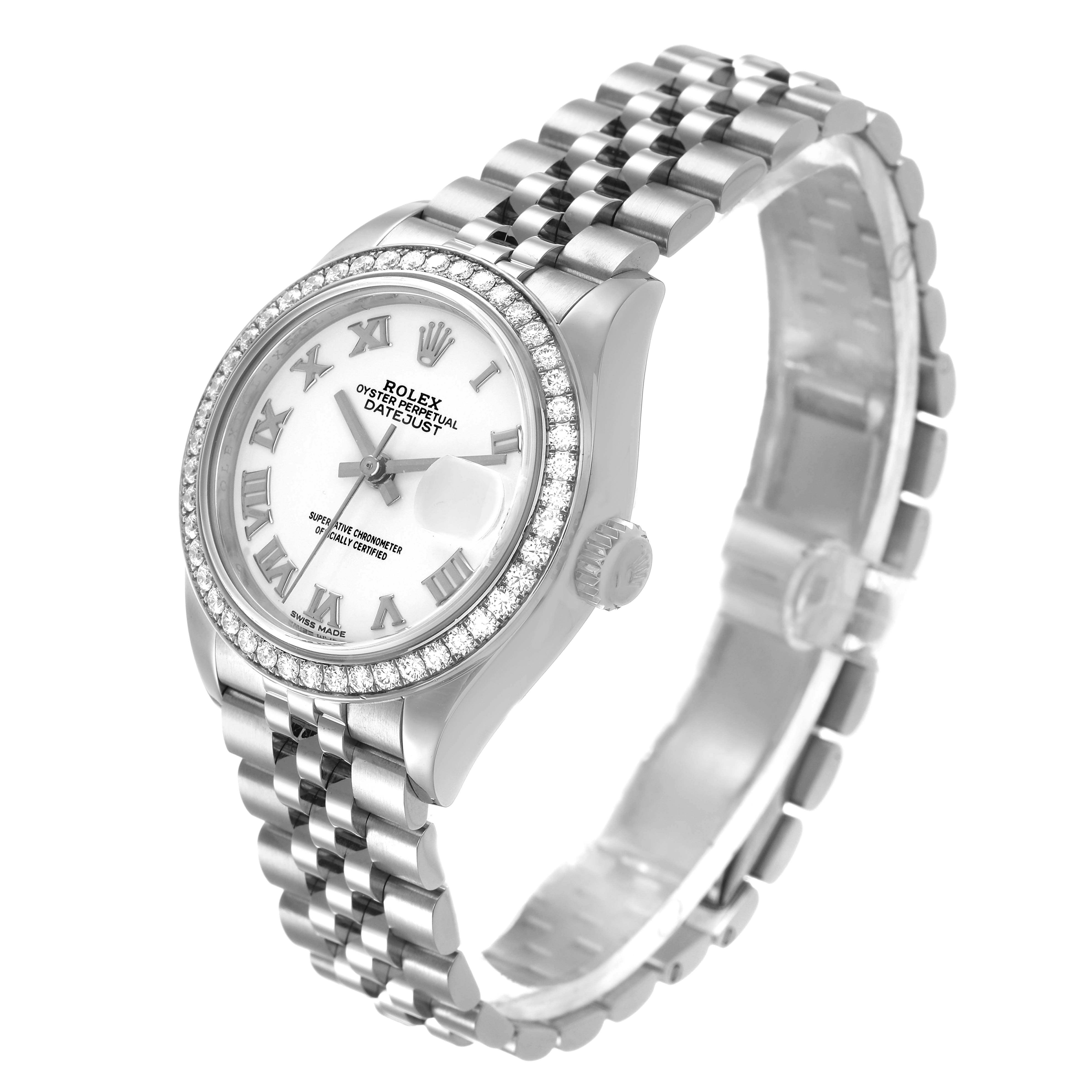 The Rolex Datejust 279384 Women's Stainless Steel White Dial watch is shown at a three-quarter angle, displaying the dial, bezel, crown, and bracelet.