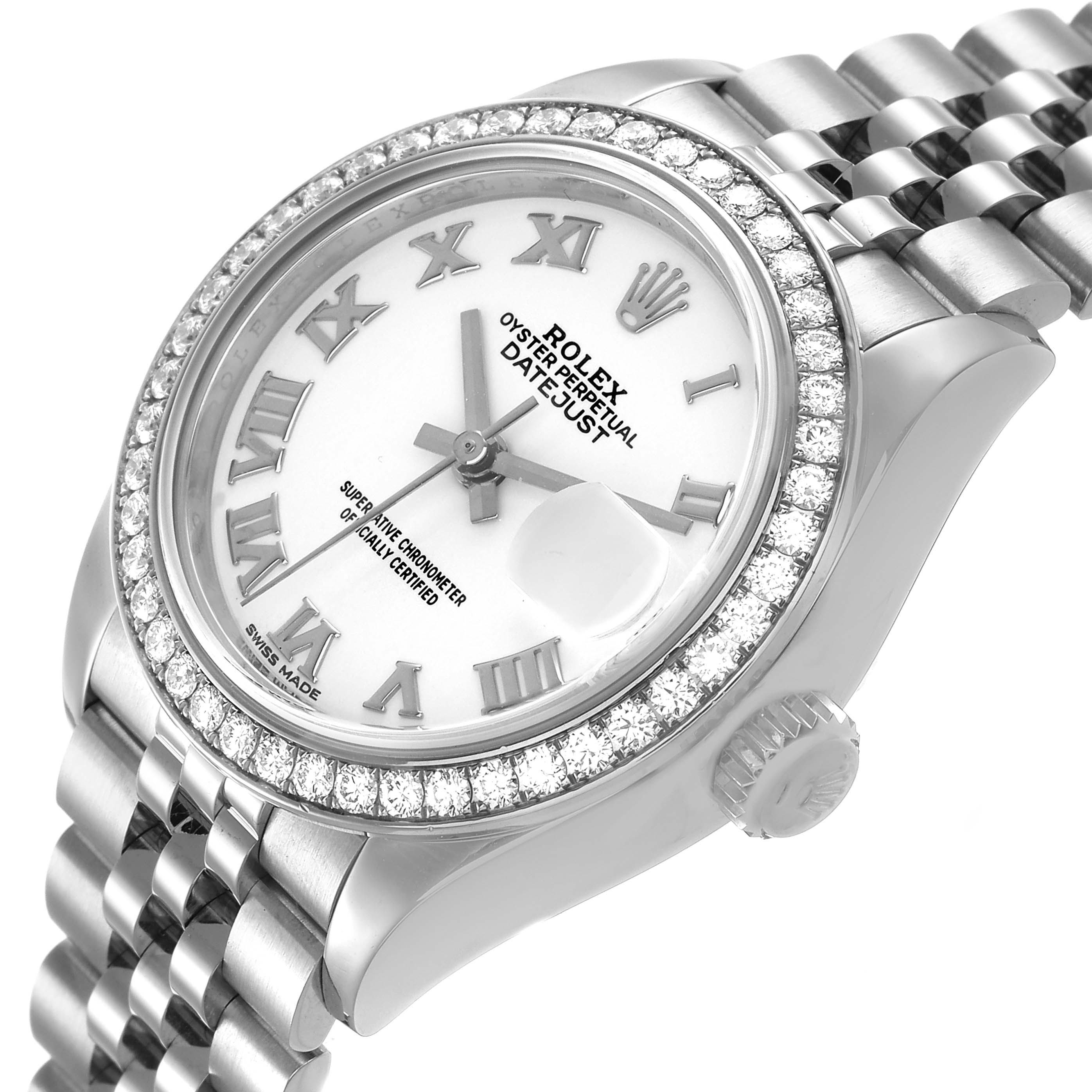 The Rolex Datejust 279384 Women's Stainless Steel White Dial watch is shown at an angled side view, highlighting the face, diamond bezel, crown, and part of the bracelet.