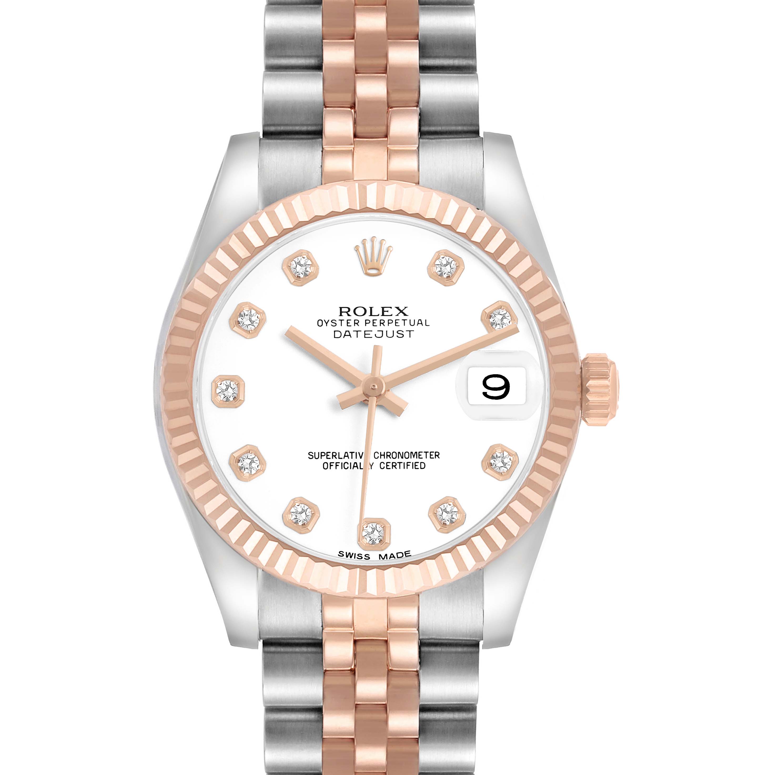 The Rolex Datejust Mid-Size watch is shown from the front, featuring a white dial, diamond markers, two-tone bezel, and Jubilee bracelet.