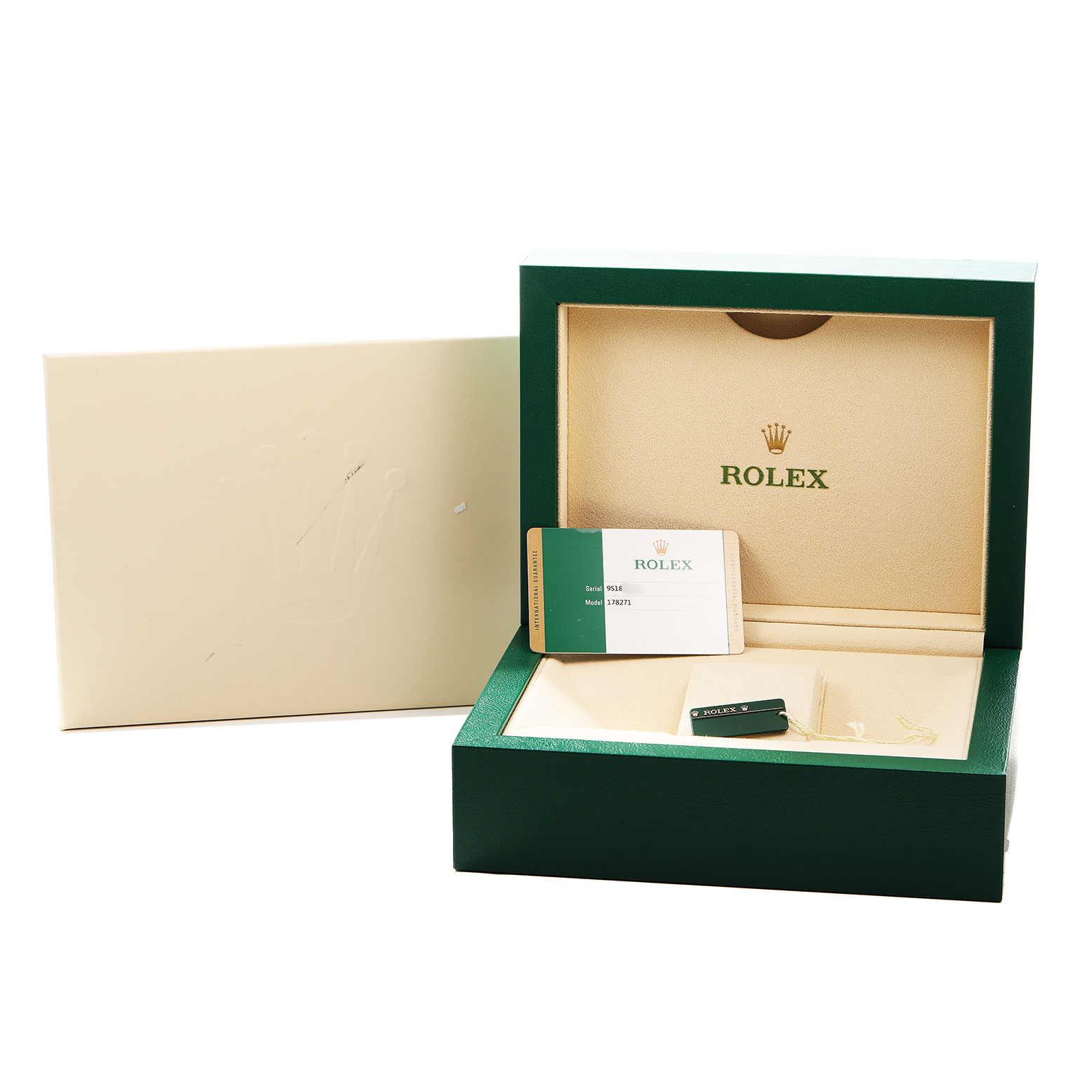 The image shows an open Rolex Mid-Size 178271 Women's Steel and Gold (two tone) White Dial model box with warranty card and accessories viewed from the front.