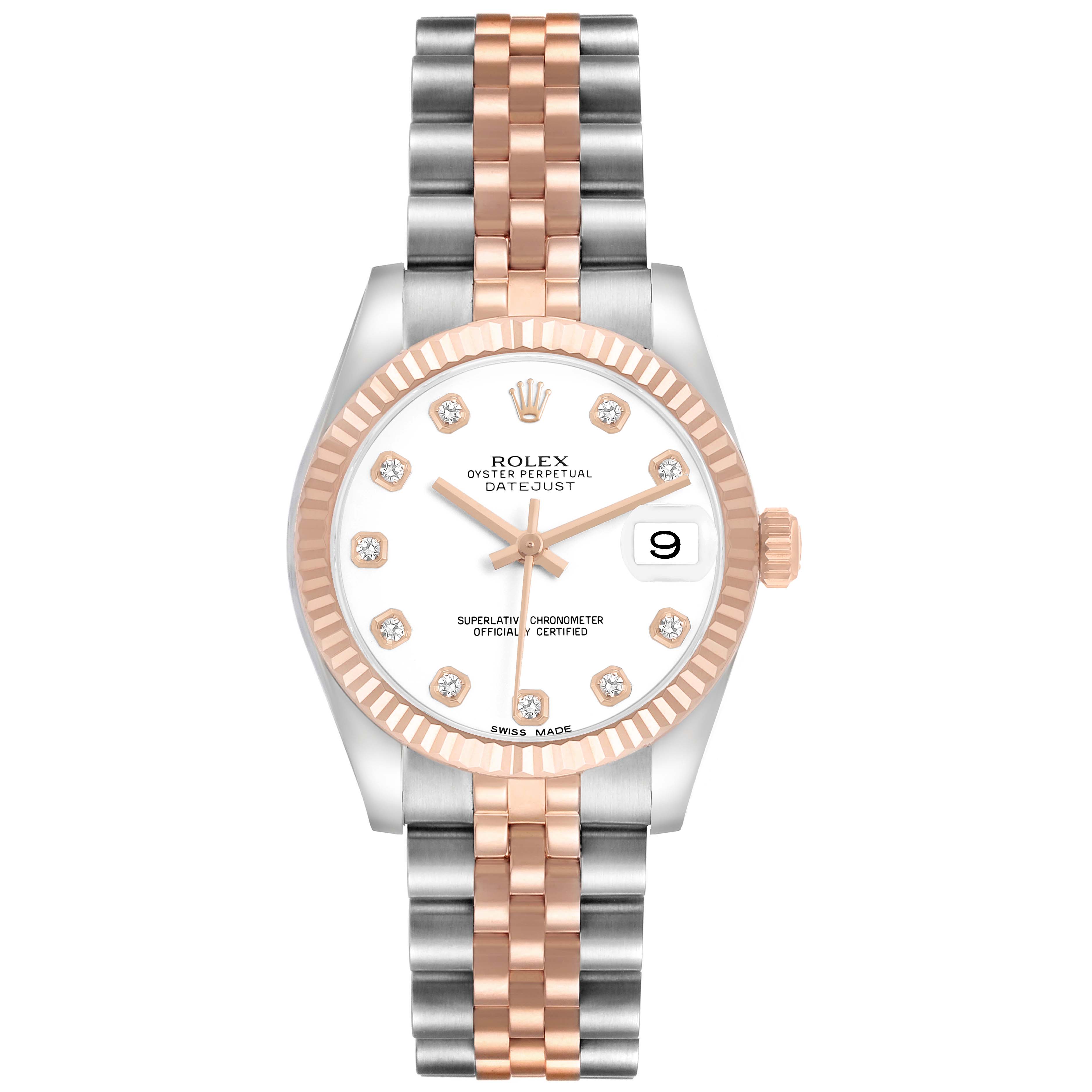 The Rolex Datejust Mid-Size watch is shown from the front, highlighting its dial, bezel, and jubilee bracelet.