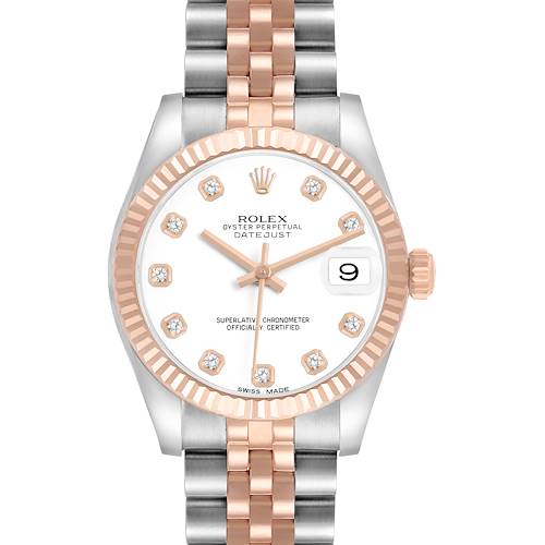 The Mid-Size Rolex watch is shown from the front, displaying its dial, bezel, hands, and part of the two-tone bracelet.