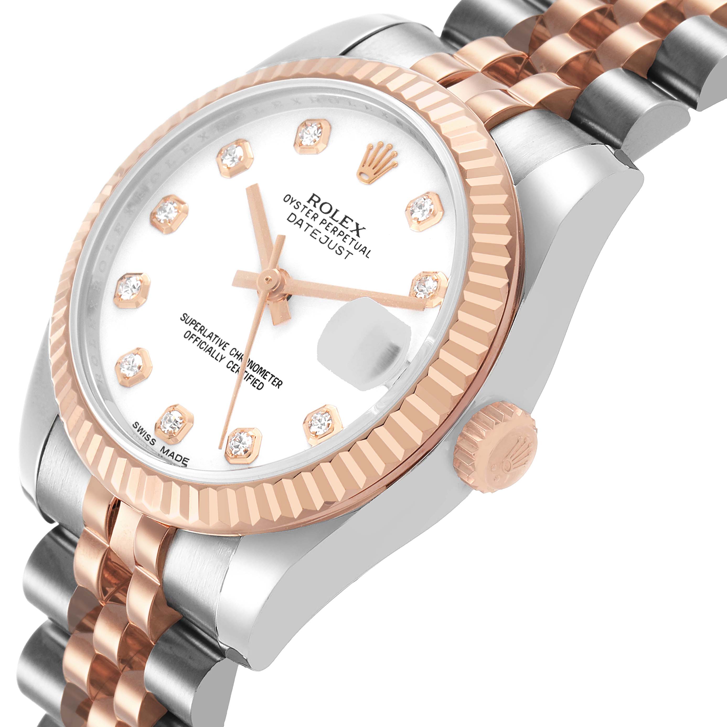 The Rolex Mid-Size 178271 Women's Steel and Gold (two tone) White Dial watch is angled to show the bezel, dial, case, crown, and part of the bracelet.