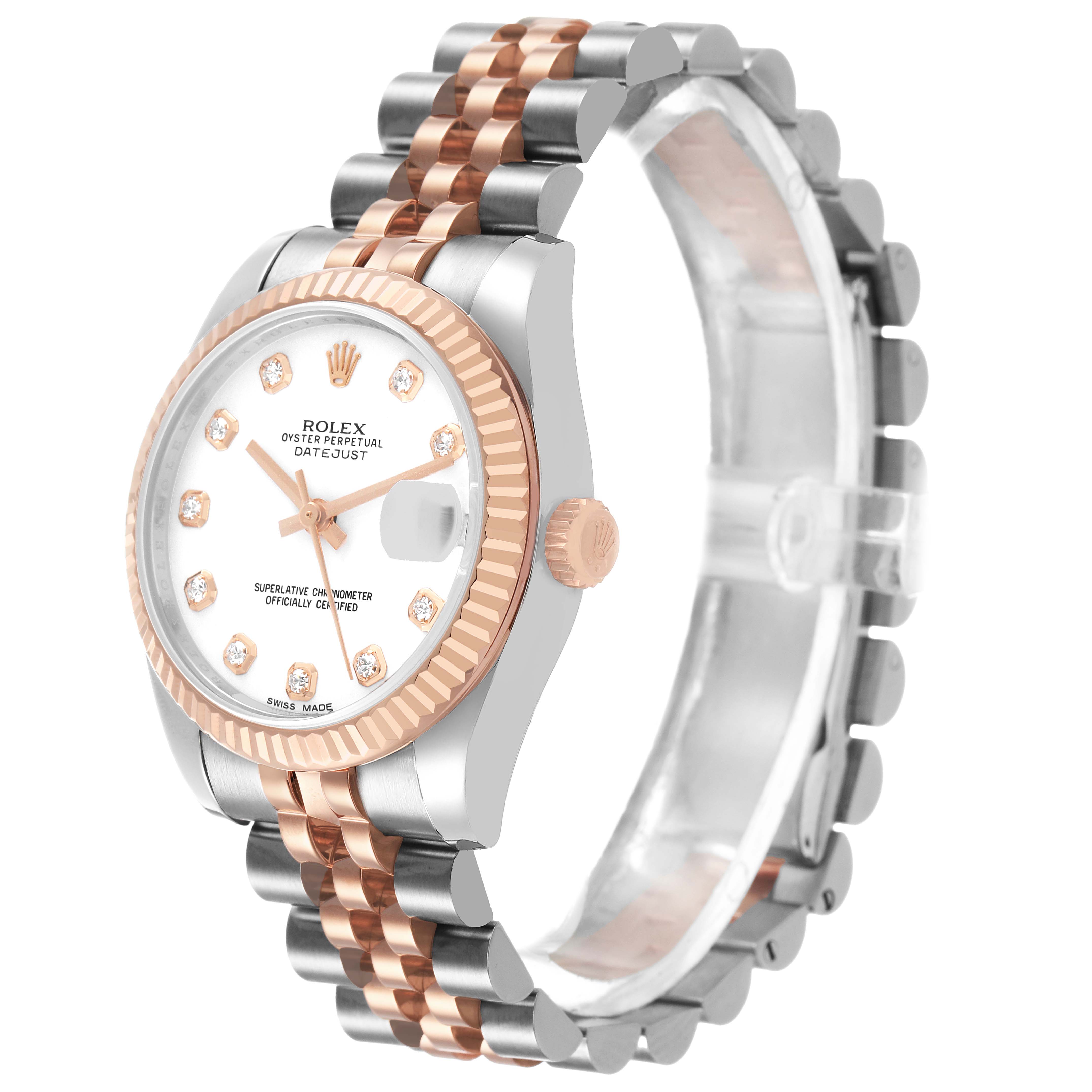 The Rolex Mid-Size 178271 Women's Steel and Gold (two tone) White Dial watch is shown at a three-quarter angle, highlighting the bezel, crown, dial, and bracelet.