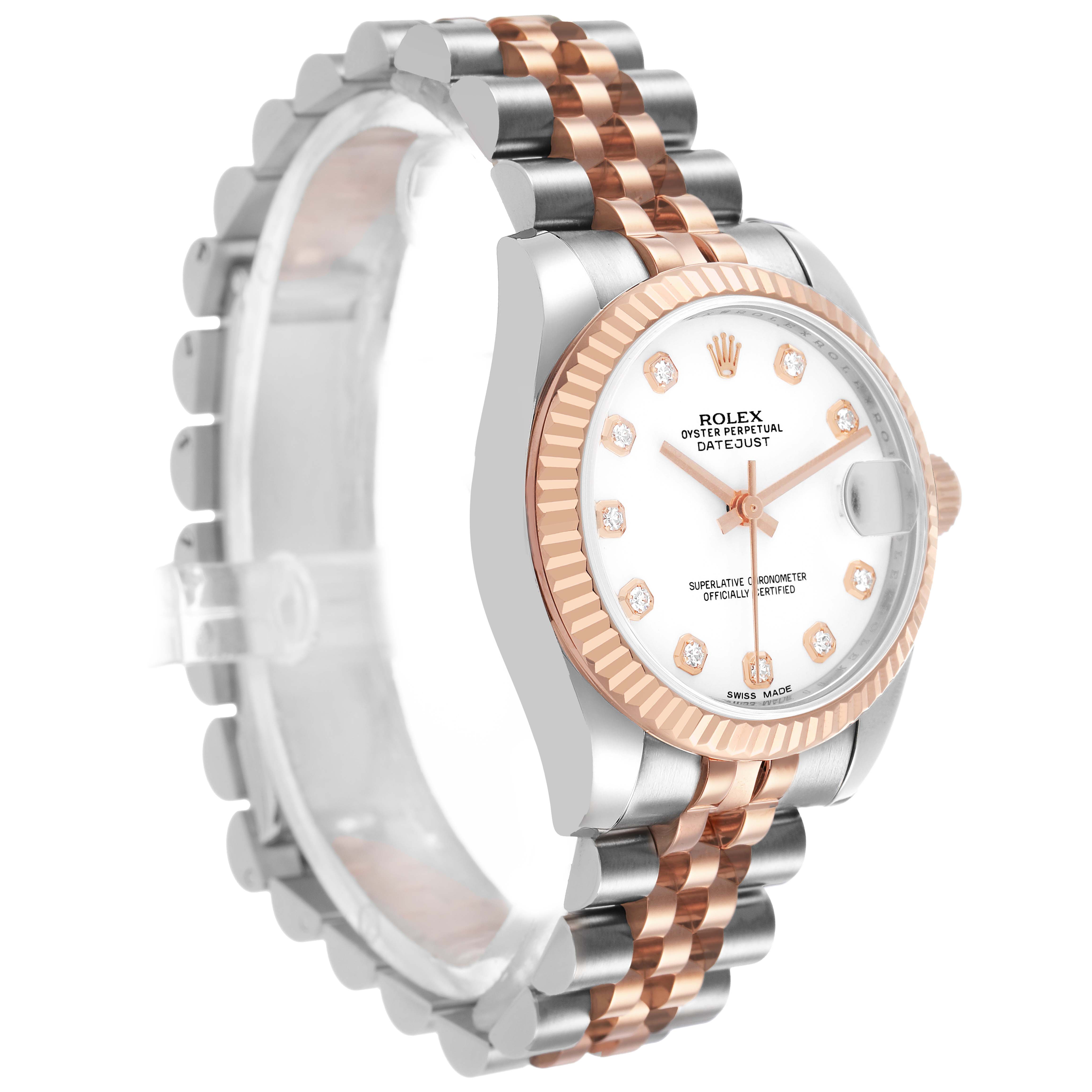 The Rolex Mid-Size 178271 Women's Steel and Gold (two tone) White Dial Datejust is shown at a three-quarter angle, highlighting the face, bezel, and two-tone bracelet.