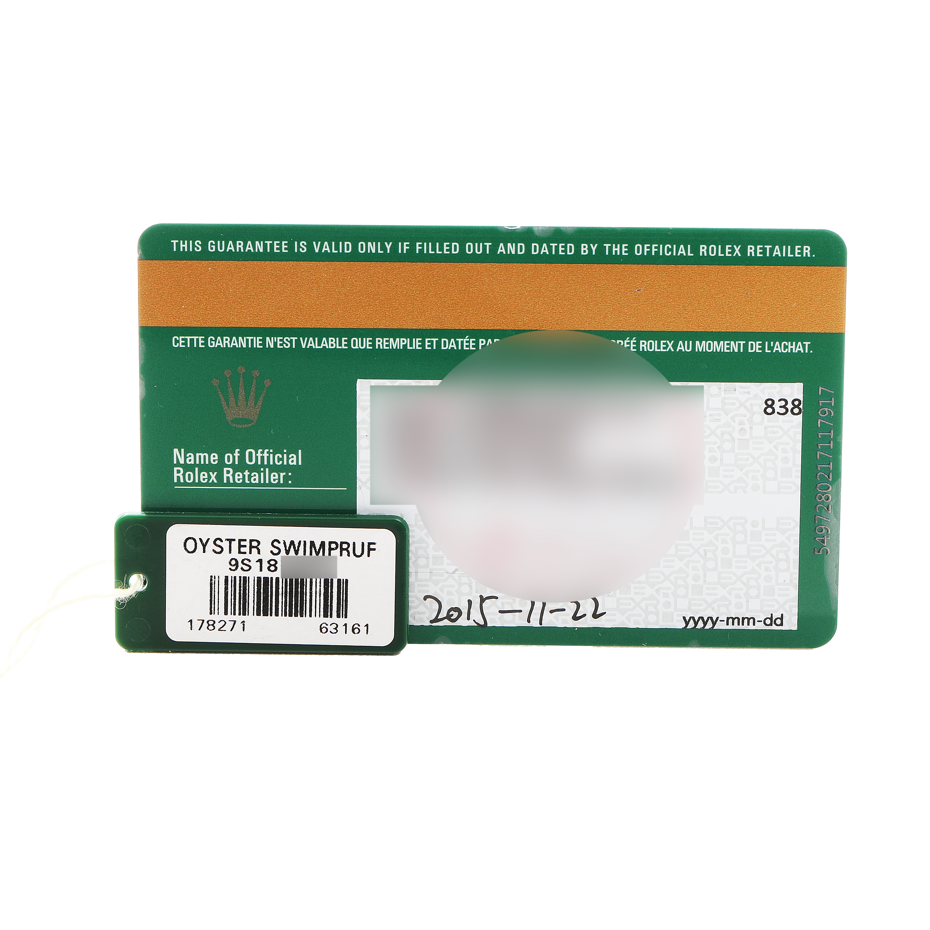The image shows a warranty card and tag for a Rolex Mid-Size 178271 Women's Steel and Gold (two tone) White Dial model, viewed from above.