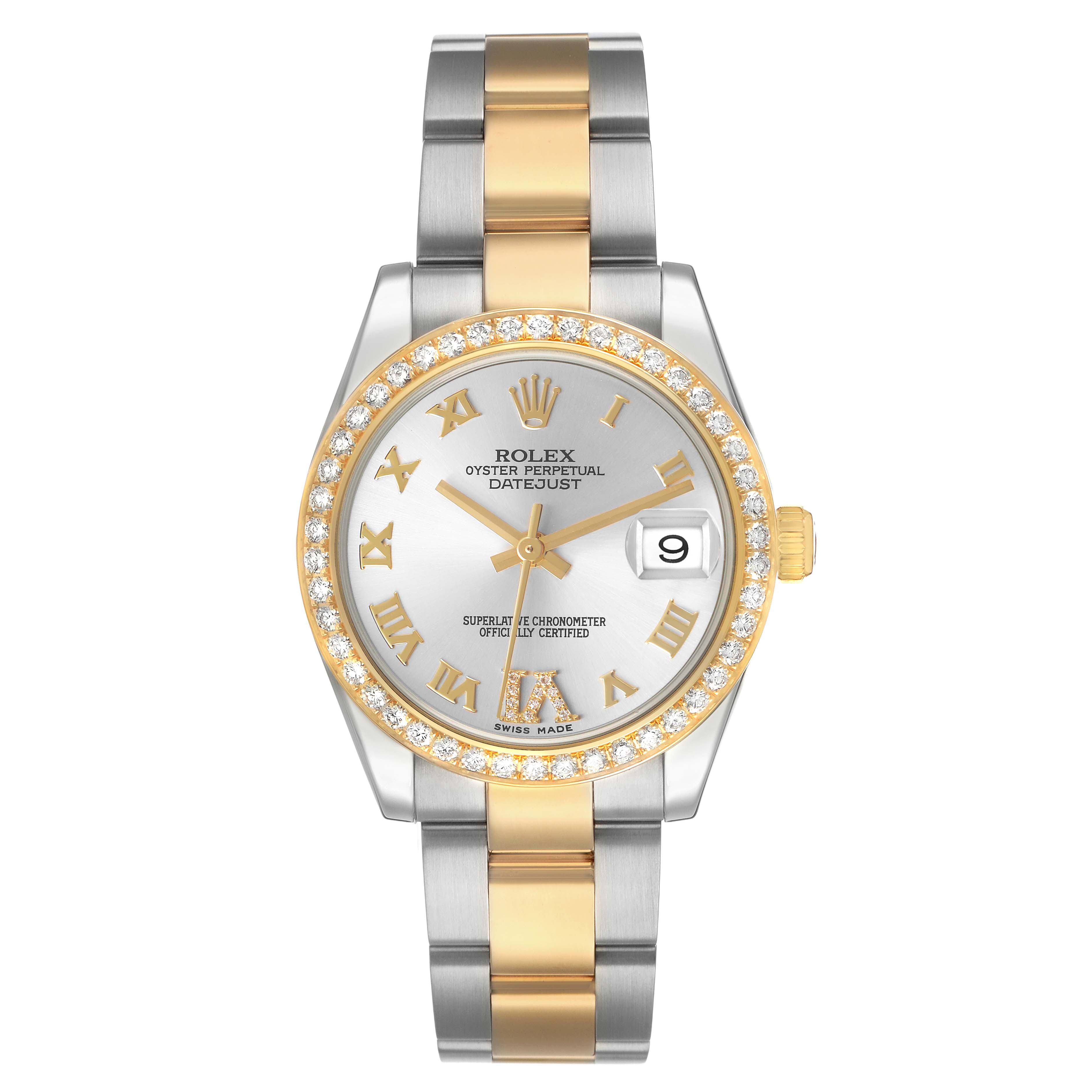 The Rolex Mid-Size 178383 Women's Steel and Gold (two tone) Silver Dial Datejust is shown from a front angle, displaying its dial, bezel, and bracelet.