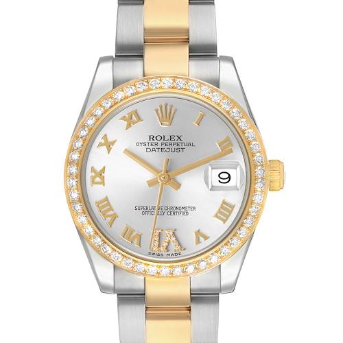 The Rolex Datejust Mid-Size watch is shown from the front, highlighting its dial, diamond bezel, and two-tone bracelet.