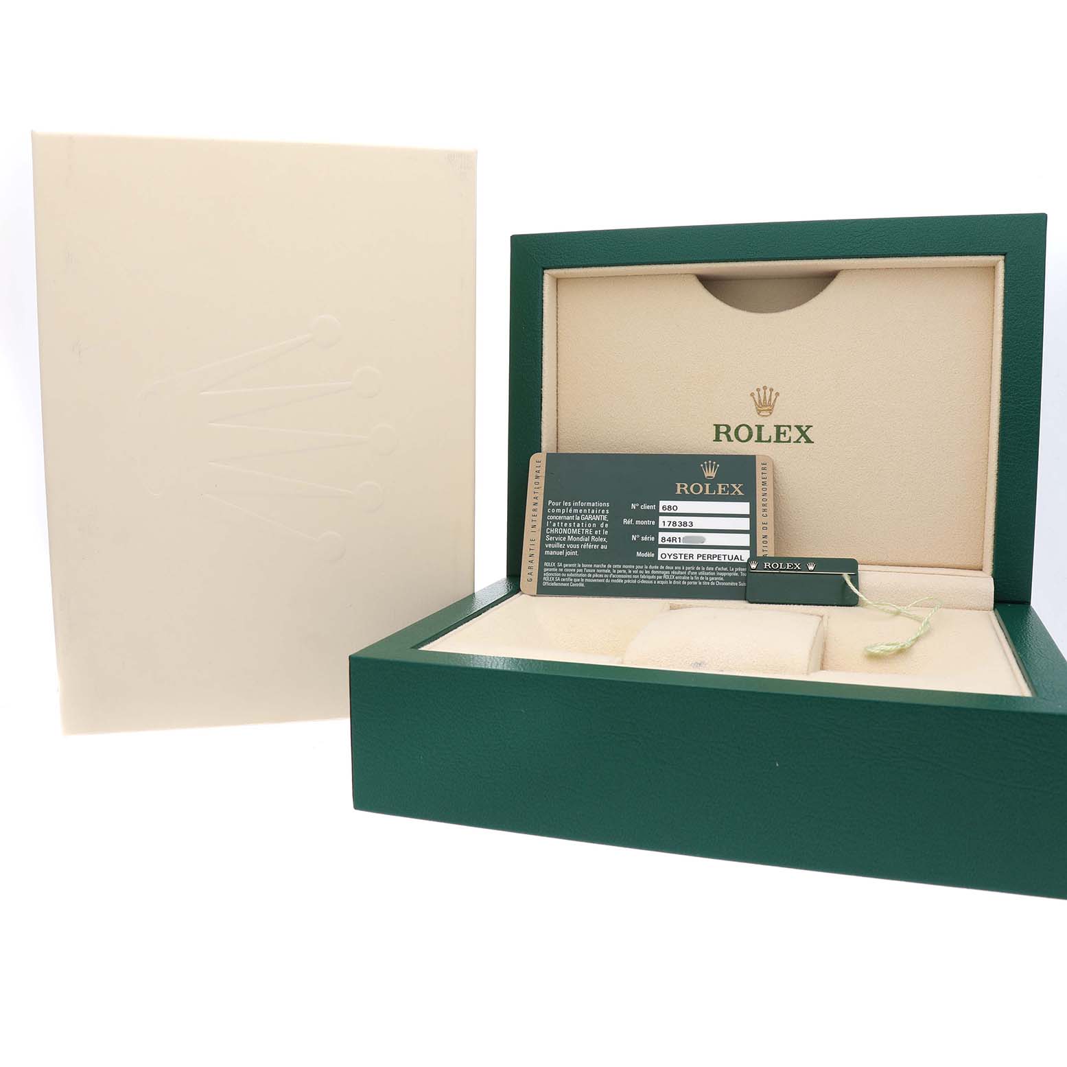 The image shows a Rolex Mid-Size 178383 Women's Steel and Gold (two tone) Silver Dial model watch box with warranty card and accessories from an angled open box view.