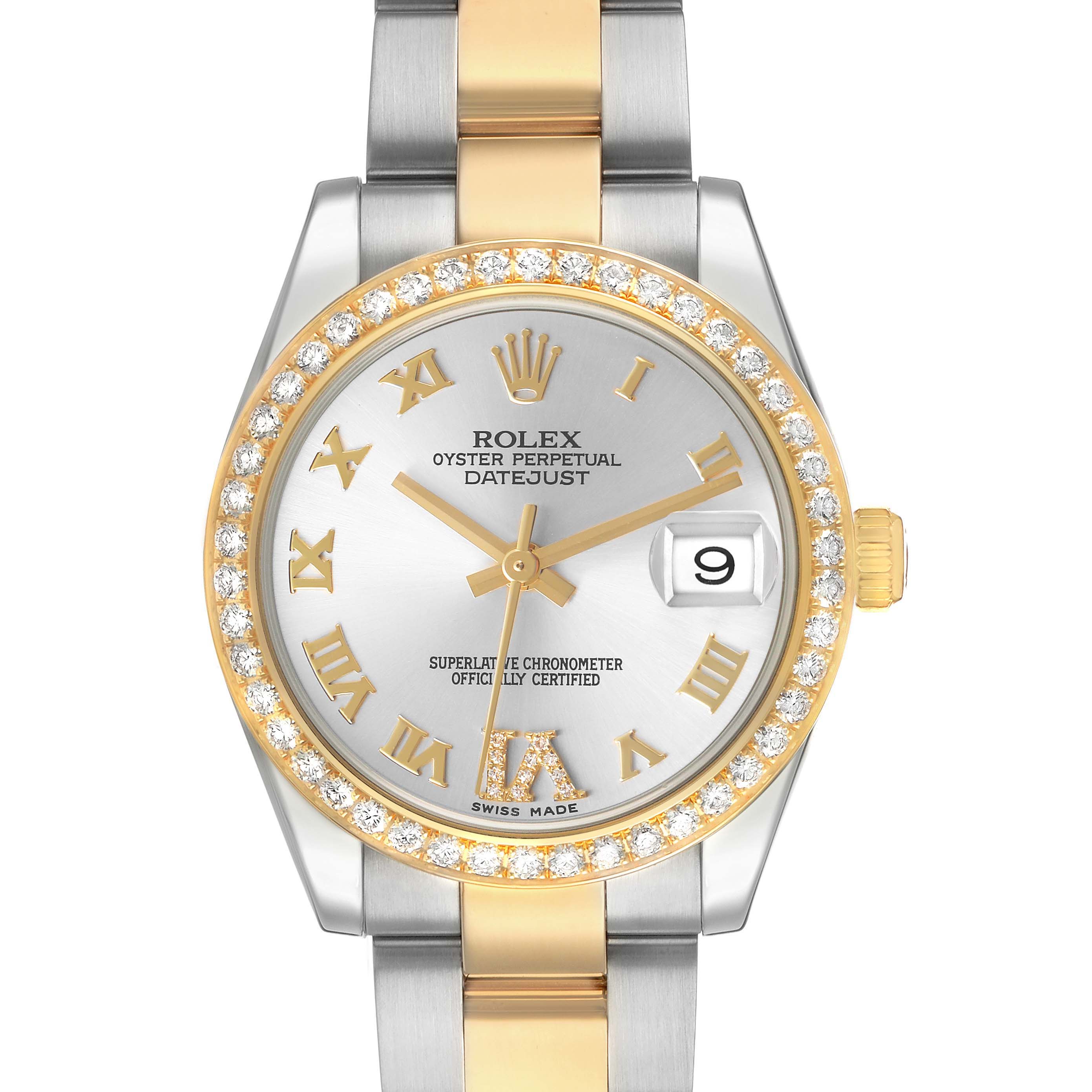 The Rolex Mid-Size 178383 Women's Steel and Gold (two tone) Silver Dial Datejust watch is shown from a front angle, highlighting the dial, bezel, and bracelet.