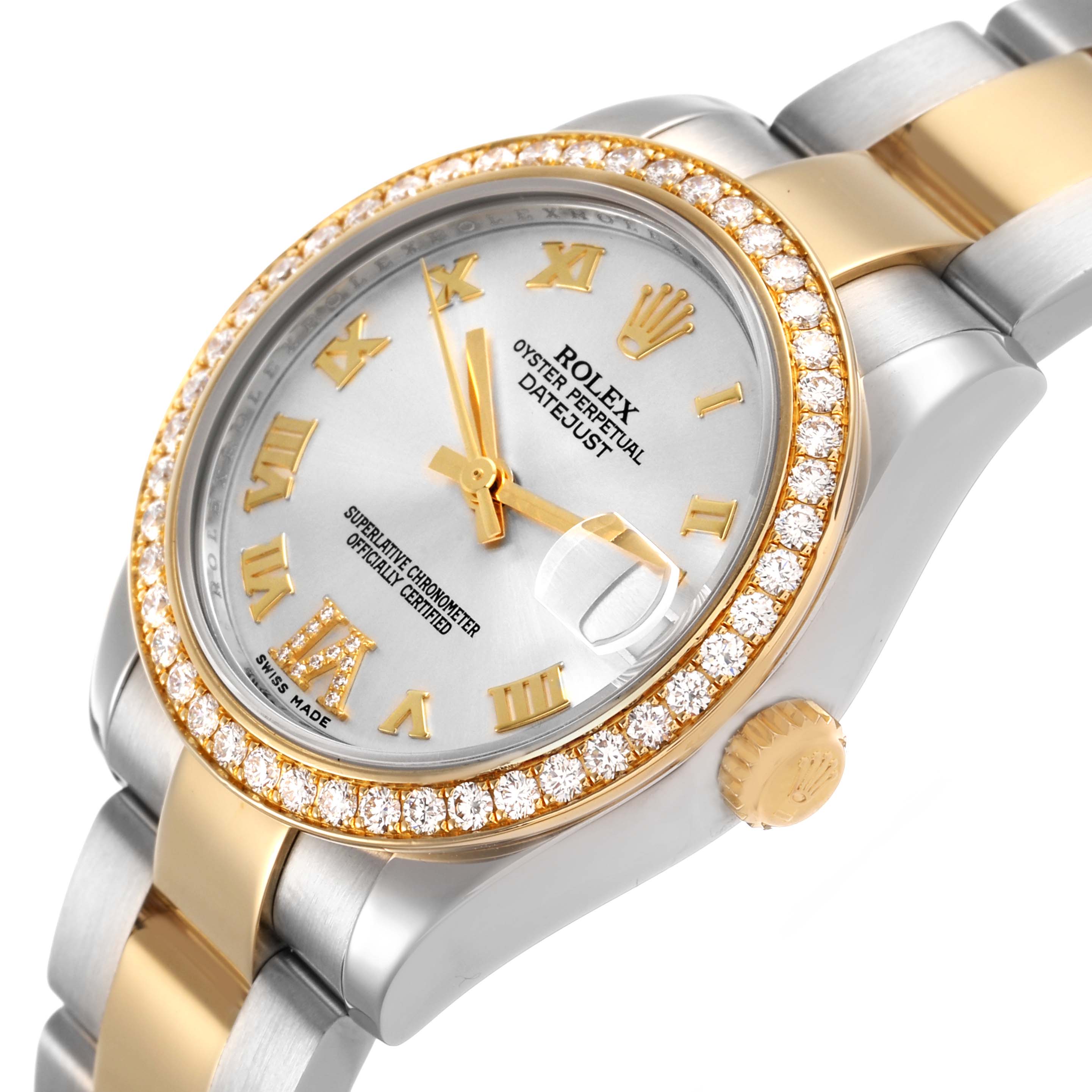 The Rolex Datejust Mid-Size watch is shown at an angle highlighting the dial, diamond bezel, crown, and part of the bracelet.