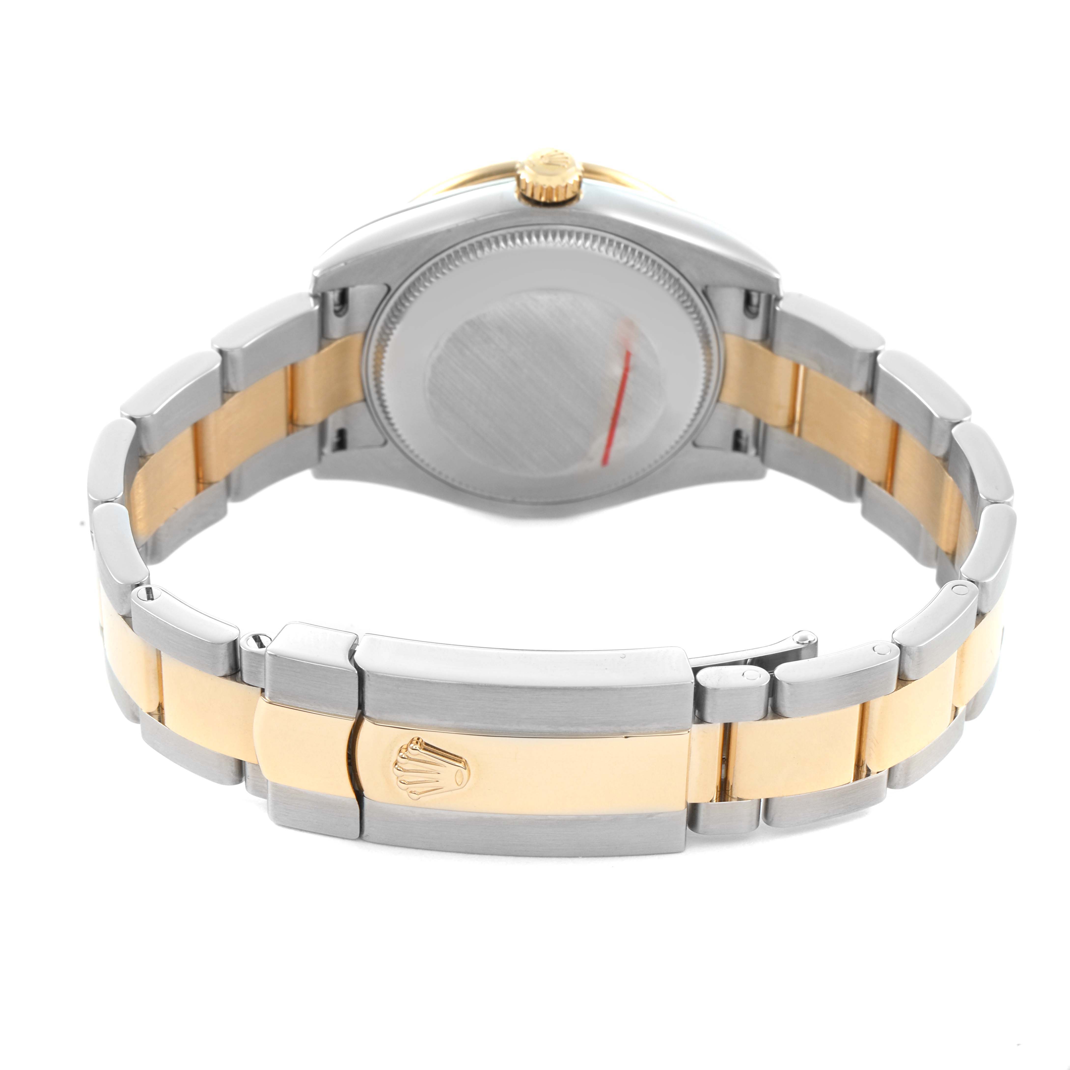The Rolex Mid-Size 178383 Women's Steel and Gold (two tone) Silver Dial watch is shown from the back, highlighting the clasp and two-tone bracelet.