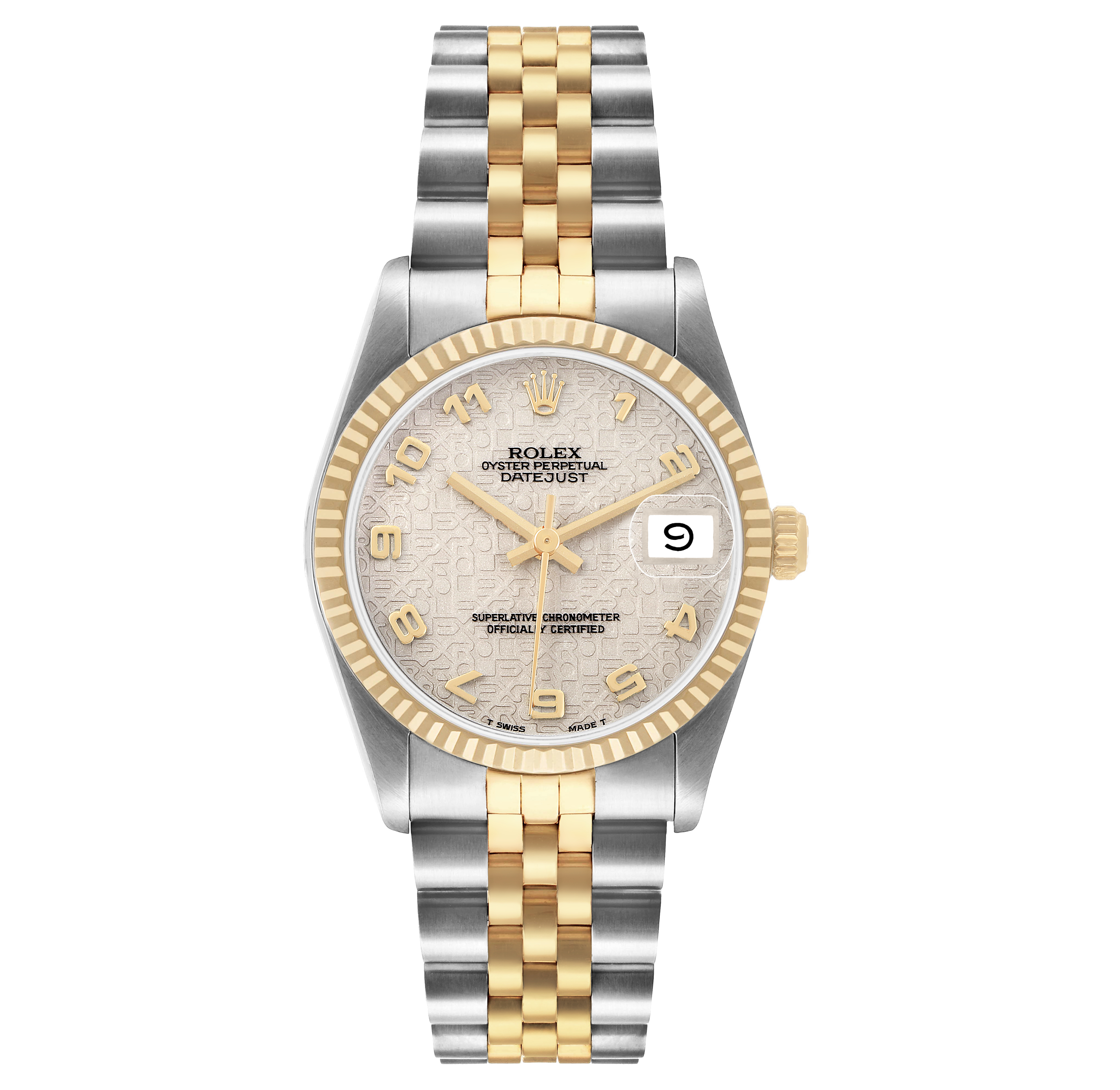 The Rolex Datejust Mid-Size watch is shown from the front, displaying the dial, bezel, and two-tone bracelet.