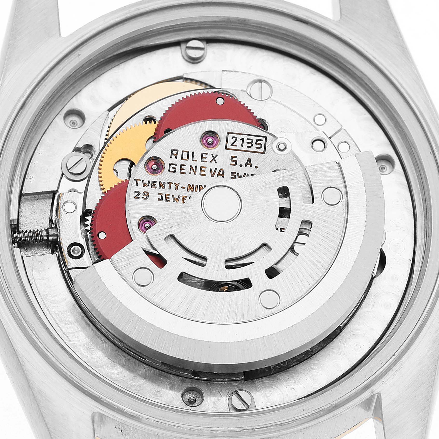 The image shows the back view of a Mid-Size Rolex watch, highlighting its movement and rotor mechanism.