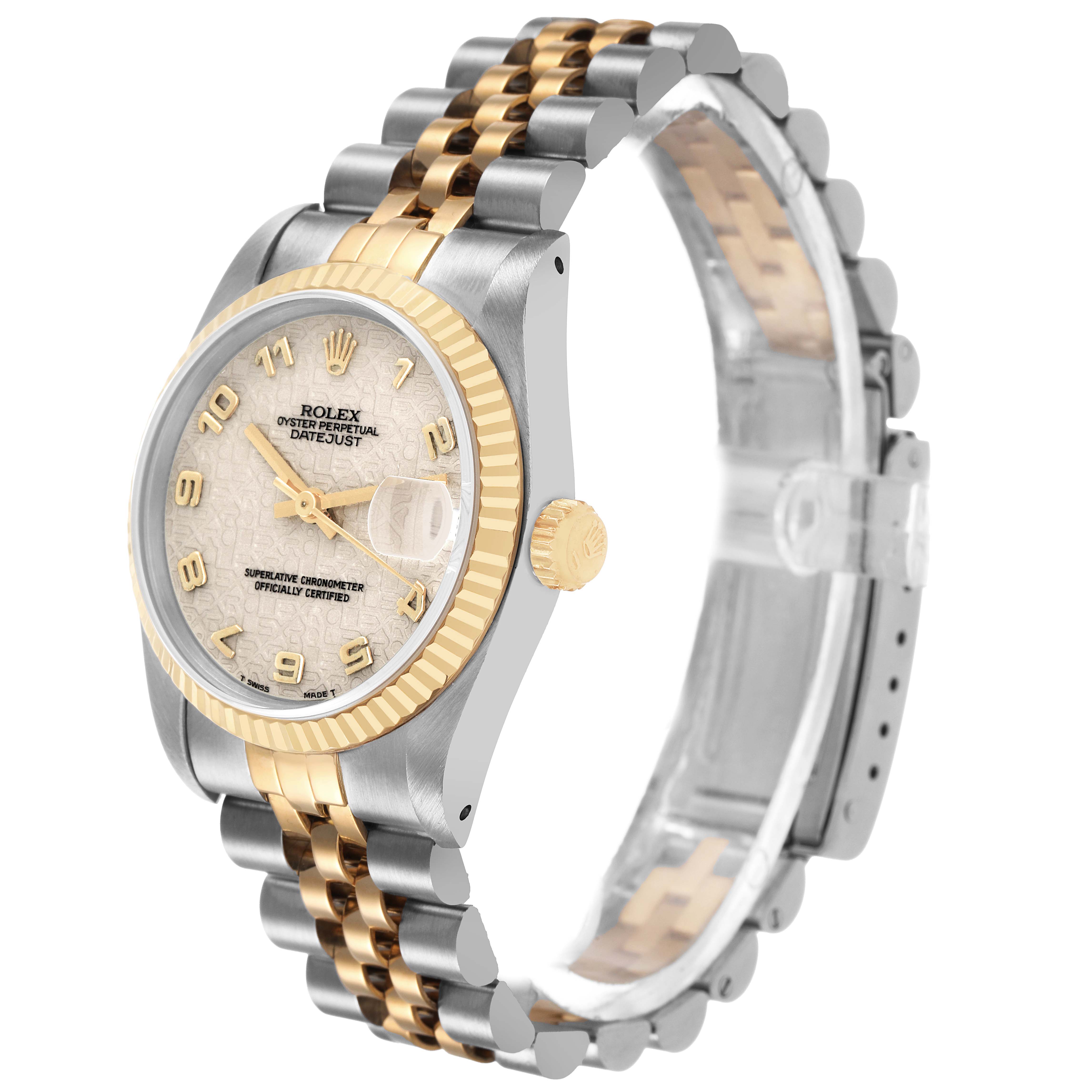 The Rolex Mid-Size 68273 Women's Steel and Gold (two tone) White Dial model is shown at a three-quarter angle, highlighting its two-tone bracelet, bezel, and side crown.