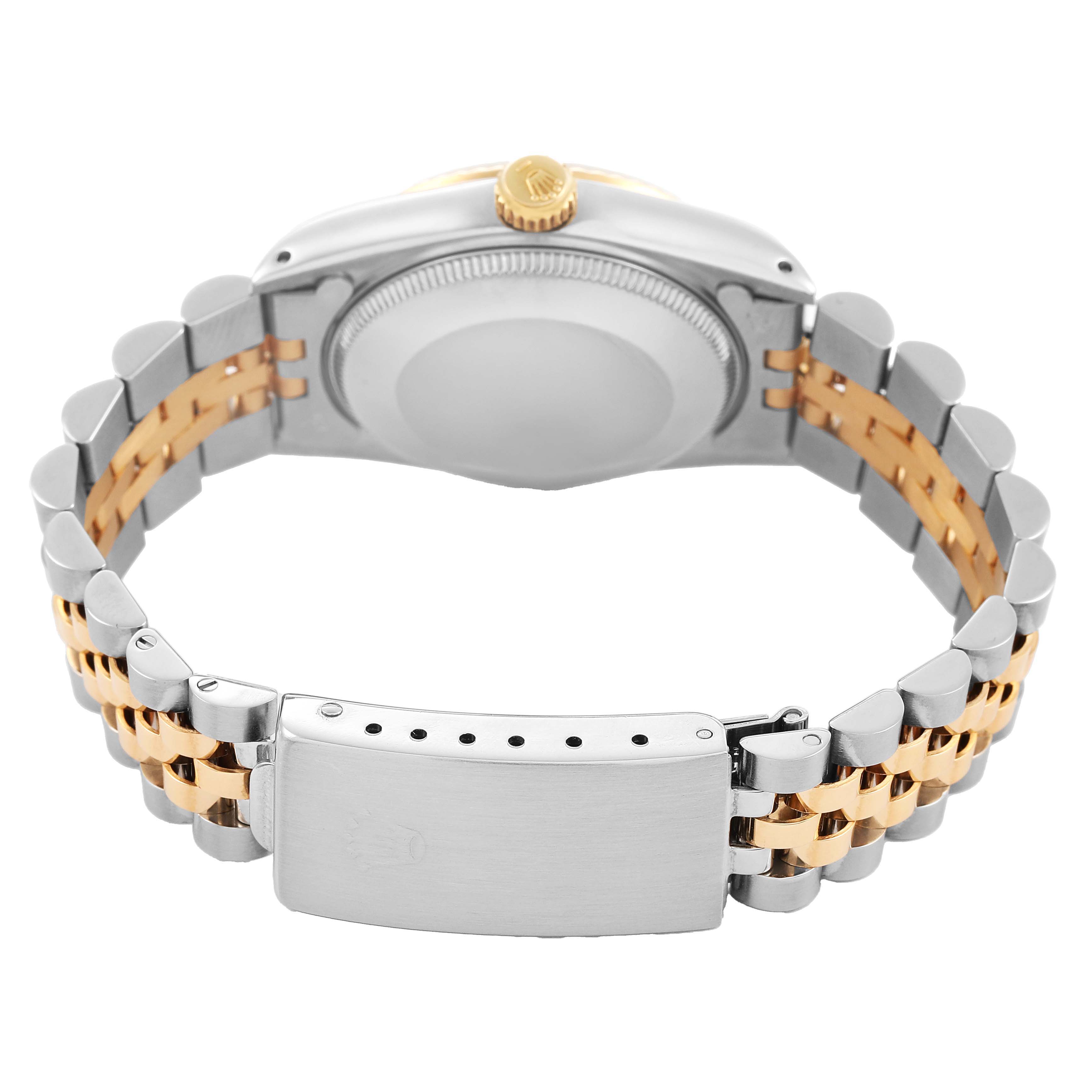 The image shows the back view of a Rolex Mid-Size 68273 Women's Steel and Gold (two tone) White Dial watch, highlighting the case back, clasp, and two-tone bracelet.