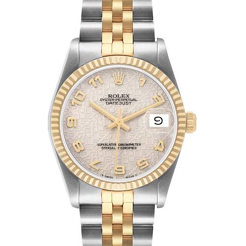 The Rolex Mid-Size 68273 Women's Steel and Gold (two tone) Beige Dial model is shown from a front angle, displaying the dial, bezel, and part of the bracelet.