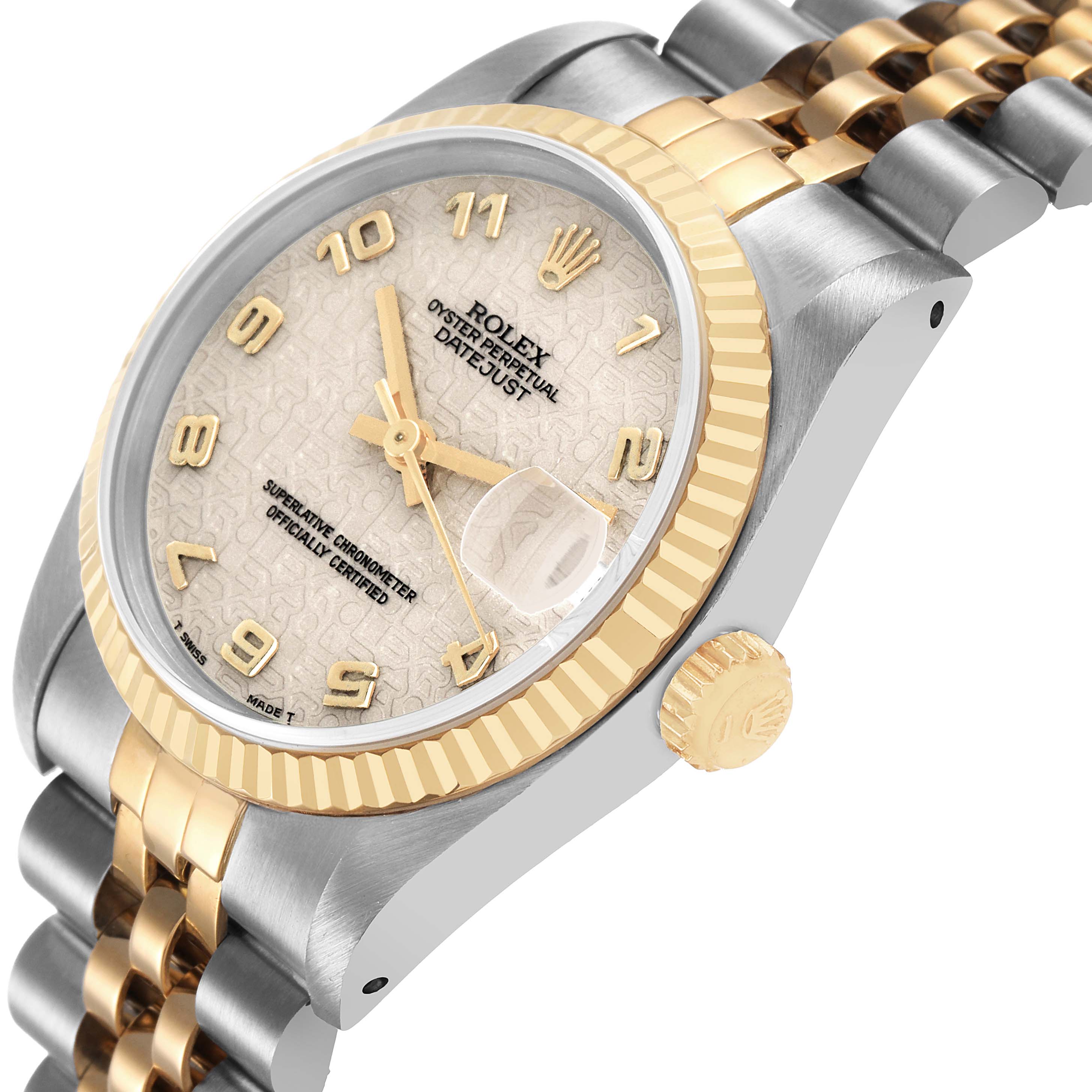 The image shows a Rolex Mid-Size 68273 Women's Steel and Gold (two tone) White Dial watch at a three-quarter angle, displaying the bezel, dial, crown, and bracelet.