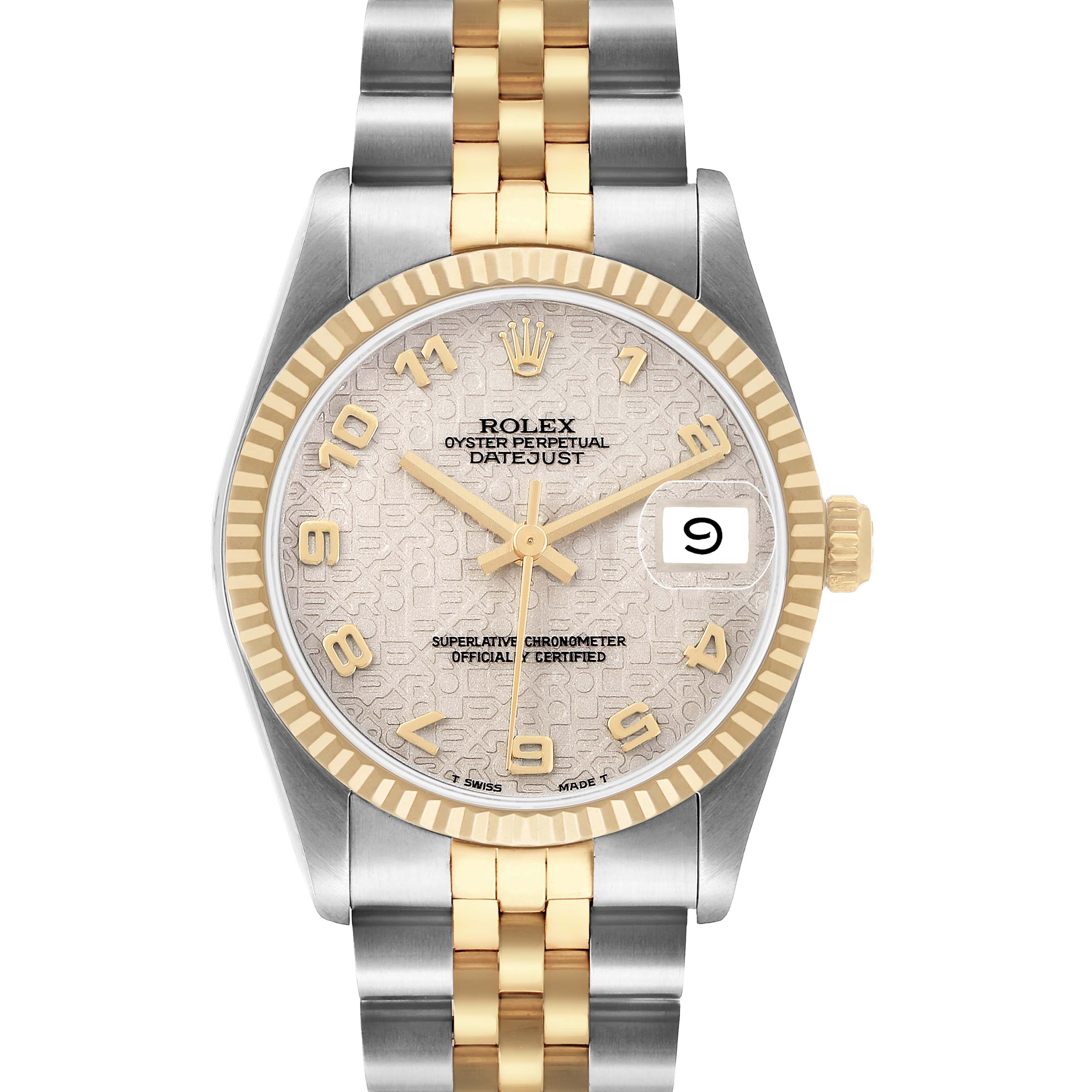 The Mid-Size Rolex watch is shown from a front view, highlighting the bezel, dial, bracelet, and crown.