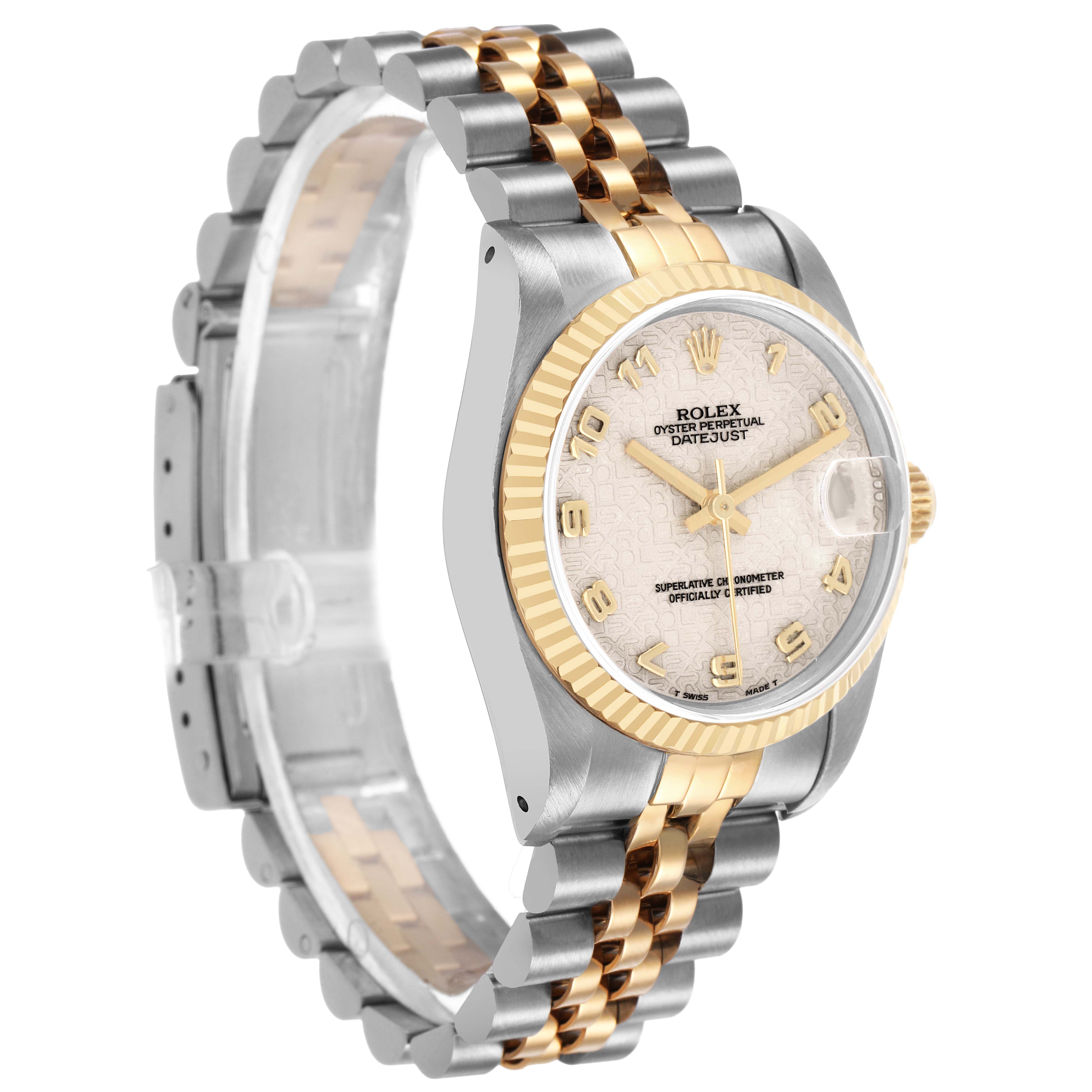 The Rolex Mid-Size 68273 Women's Steel and Gold (two tone) White Dial watch is shown in a side angle, highlighting the two-tone bracelet, bezel, and face with visible markings.