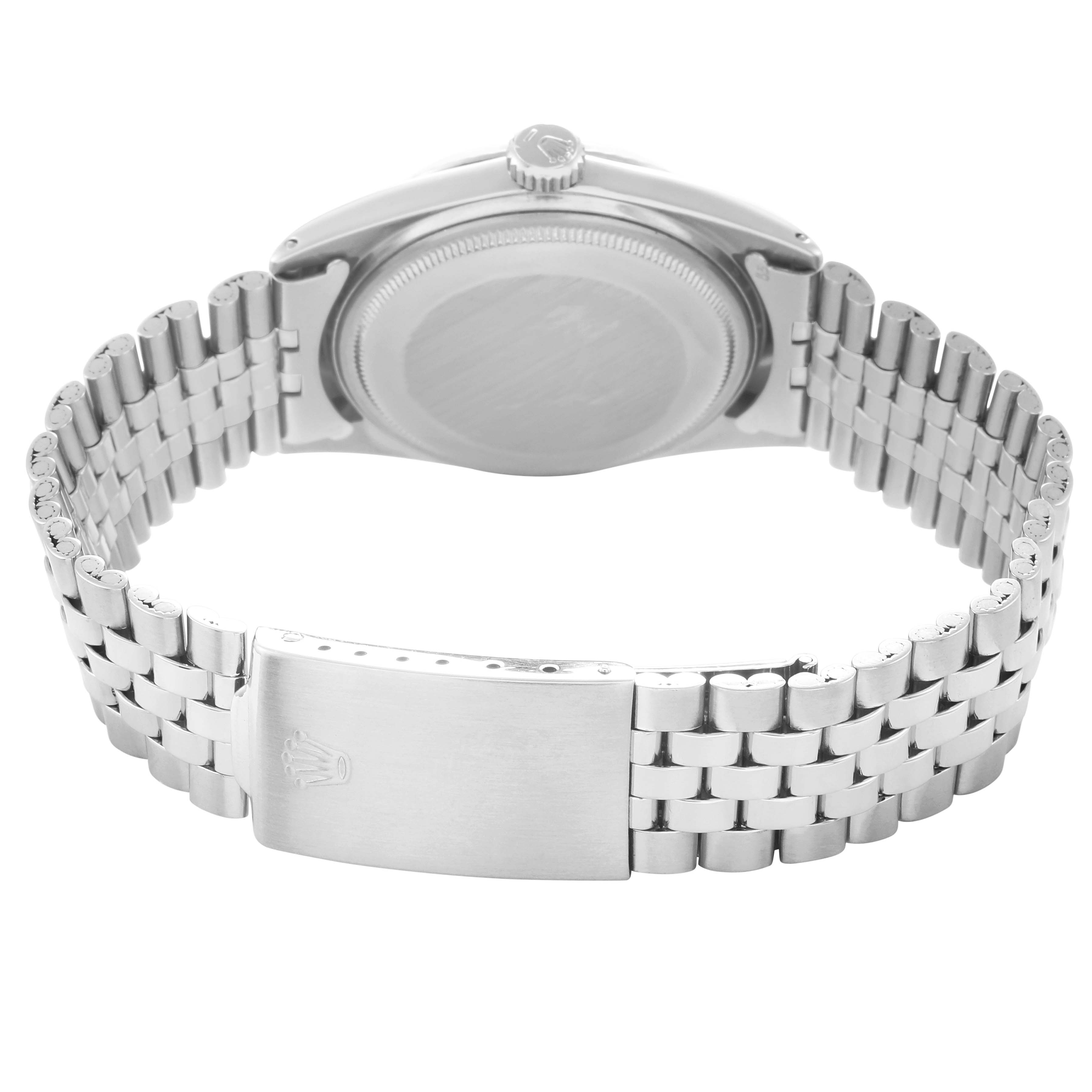 The Rolex Datejust 1601 Men
s Stainless Steel Silver Dial 1601 Men
s Stainless Steel Silver Dial watch is shown from the back, highlighting the case back, bracelet, and clasp.