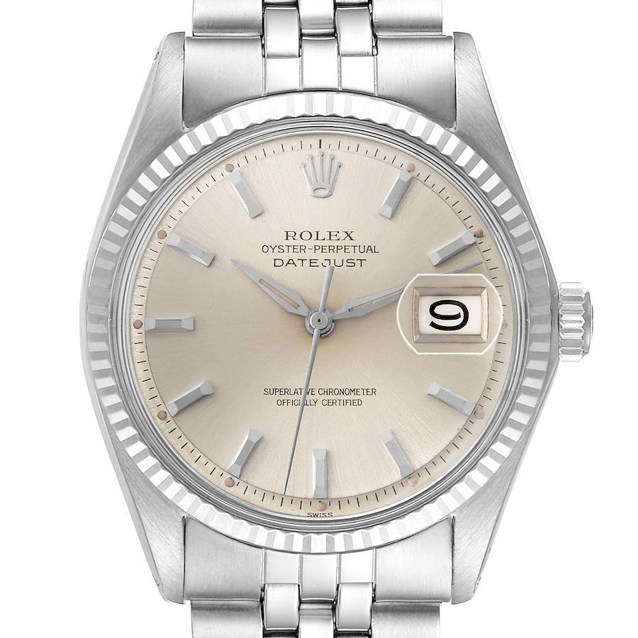 The Rolex Datejust 1601 Men's Stainless Steel Silver Dial watch is shown from a front view, displaying the dial, fluted bezel, and part of the bracelet.