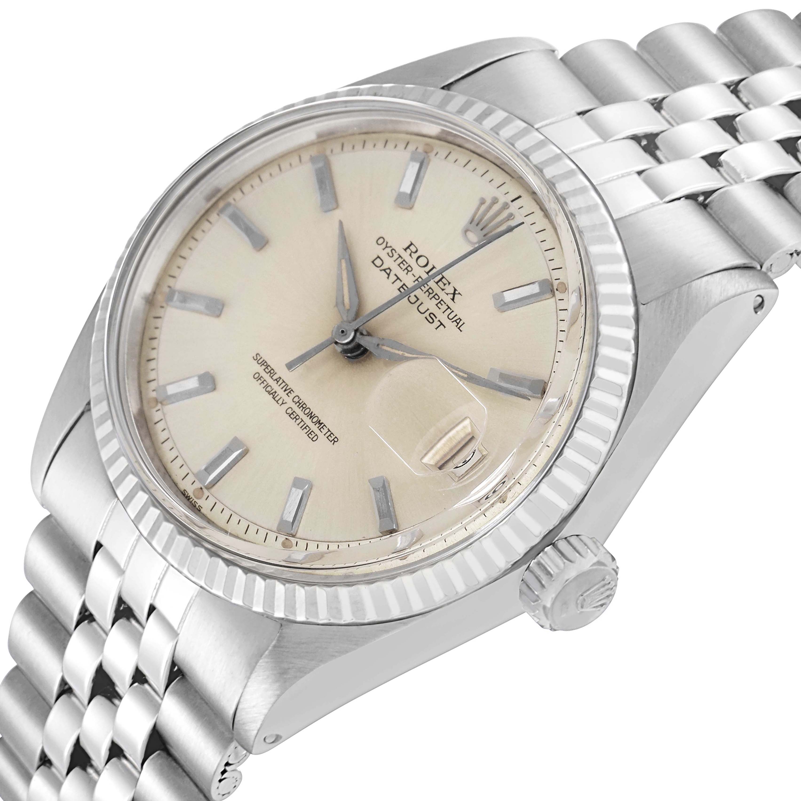 The Rolex Datejust 1601 Men
s Stainless Steel Silver Dial 1601 Men
s Stainless Steel Silver Dial watch is shown at an angled top view, displaying its face, bezel, crown, and bracelet.