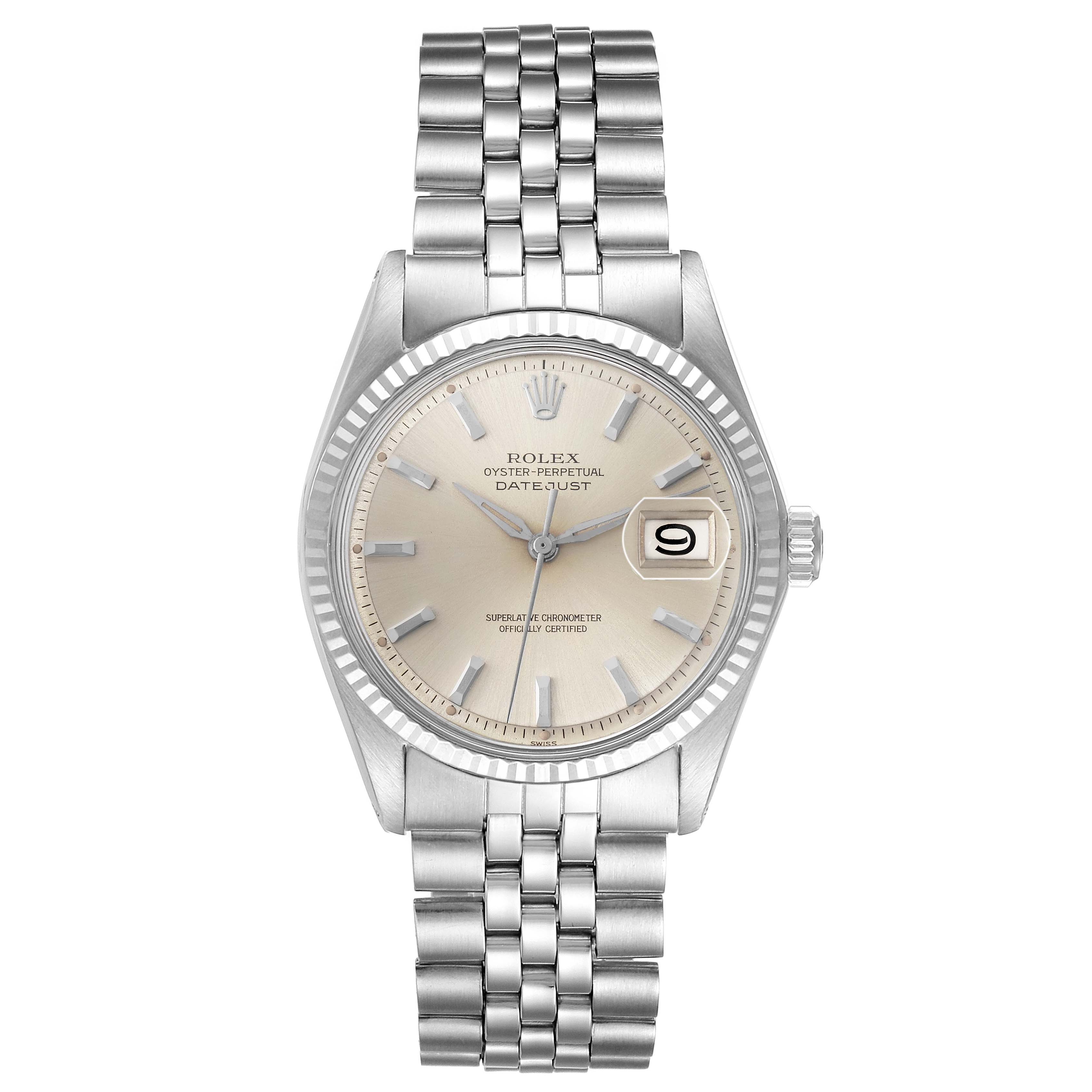 The Rolex Datejust 1601 Men
s Stainless Steel Silver Dial 1601 Men
s Stainless Steel Silver Dial watch is shown from a top-down angle, displaying the dial, bezel, and Jubilee bracelet.