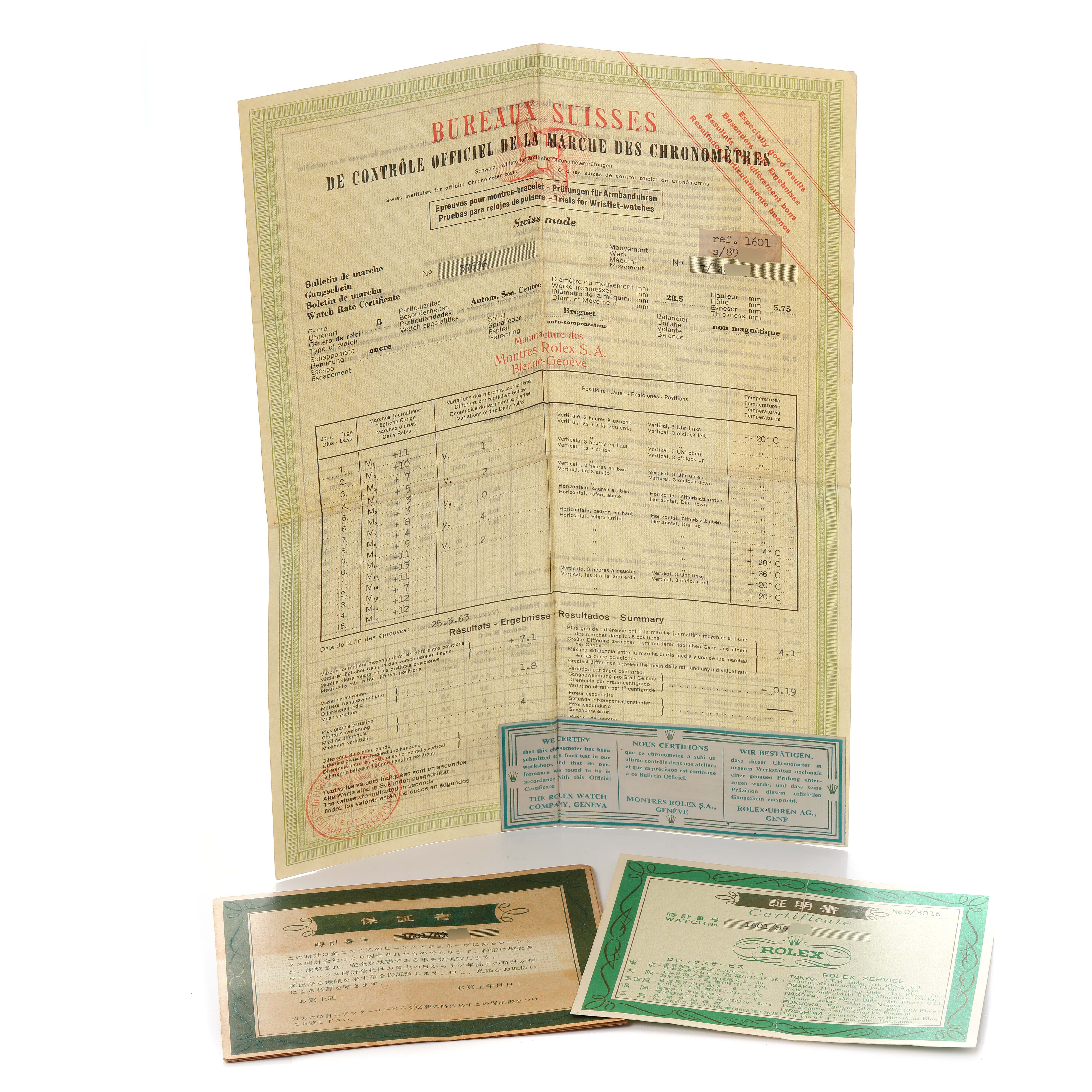 The image shows warranty papers and documentation for a Rolex Datejust 1601 Men
s Stainless Steel Silver Dial 1601 Men
s Stainless Steel Silver Dial, featuring certificates and official documents.