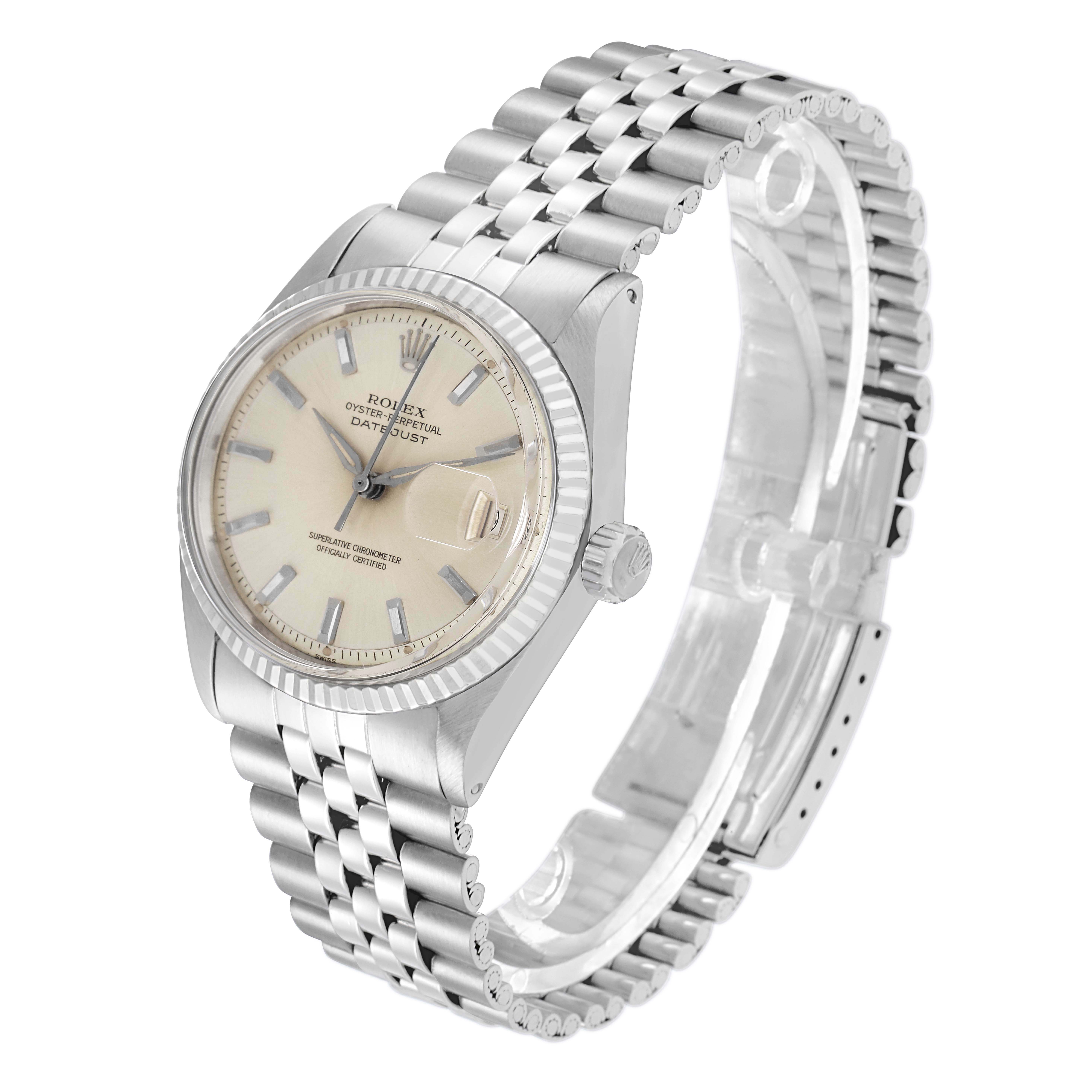The Rolex Datejust 1601 Men
s Stainless Steel Silver Dial 1601 Men
s Stainless Steel Silver Dial watch is shown at a three-quarter angle, displaying the face, bezel, crown, and jubilee bracelet.
