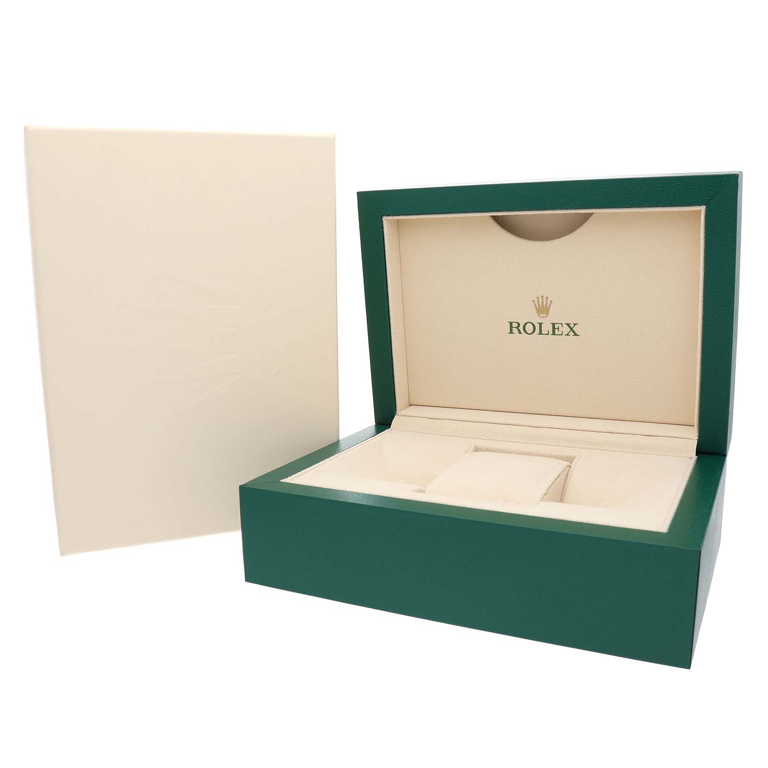 The image shows an open box for a Rolex Datejust 126283 Women's Steel and Gold (two tone) Green Dial, featuring the Rolex logo inside the lid.