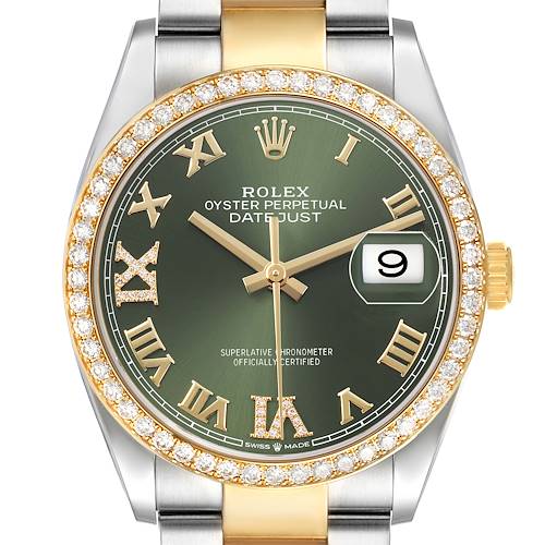 The Rolex Datejust 126283 Women's Steel and Gold (two tone) Green Dial watch is shown from the front, highlighting the green dial, gold Roman numerals, and diamond bezel.