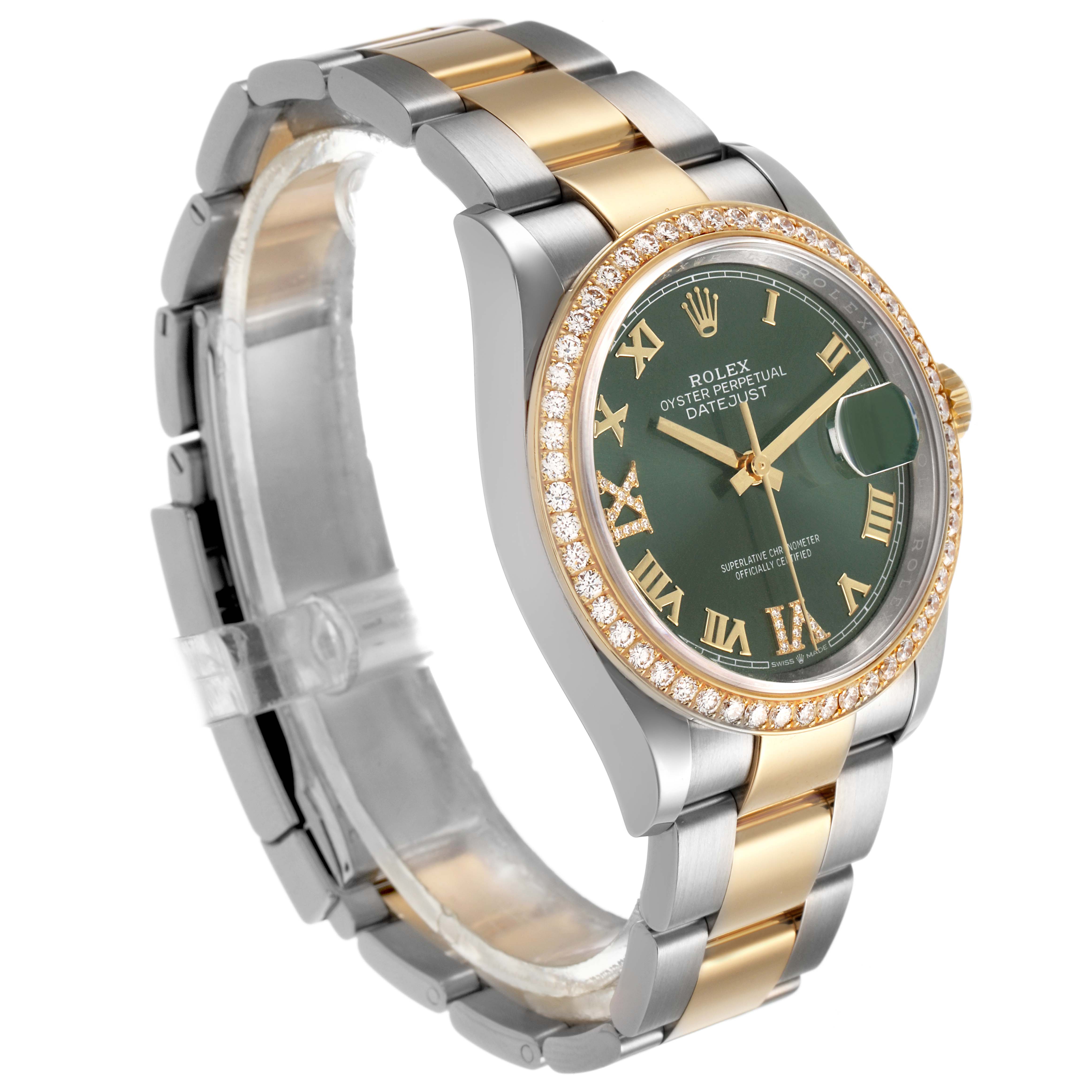 The Rolex Datejust 126283 Women's Steel and Gold (two tone) Green Dial watch is shown at a three-quarter angle displaying the dial, bezel, and bracelet.