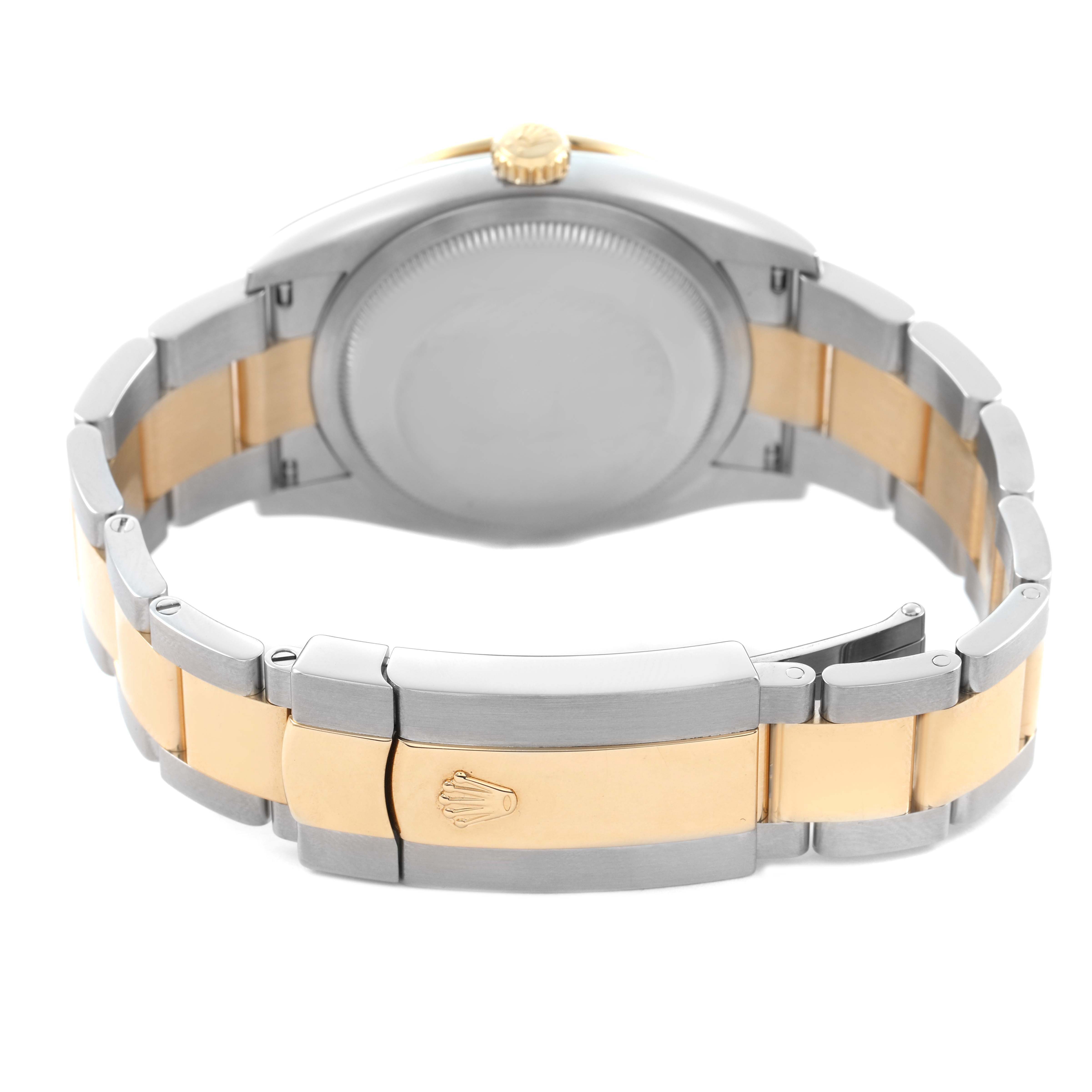 The image shows the Rolex Datejust 126283 Women's Steel and Gold (two tone) Green Dial watch from the back, highlighting the bracelet and clasp with the Rolex logo.