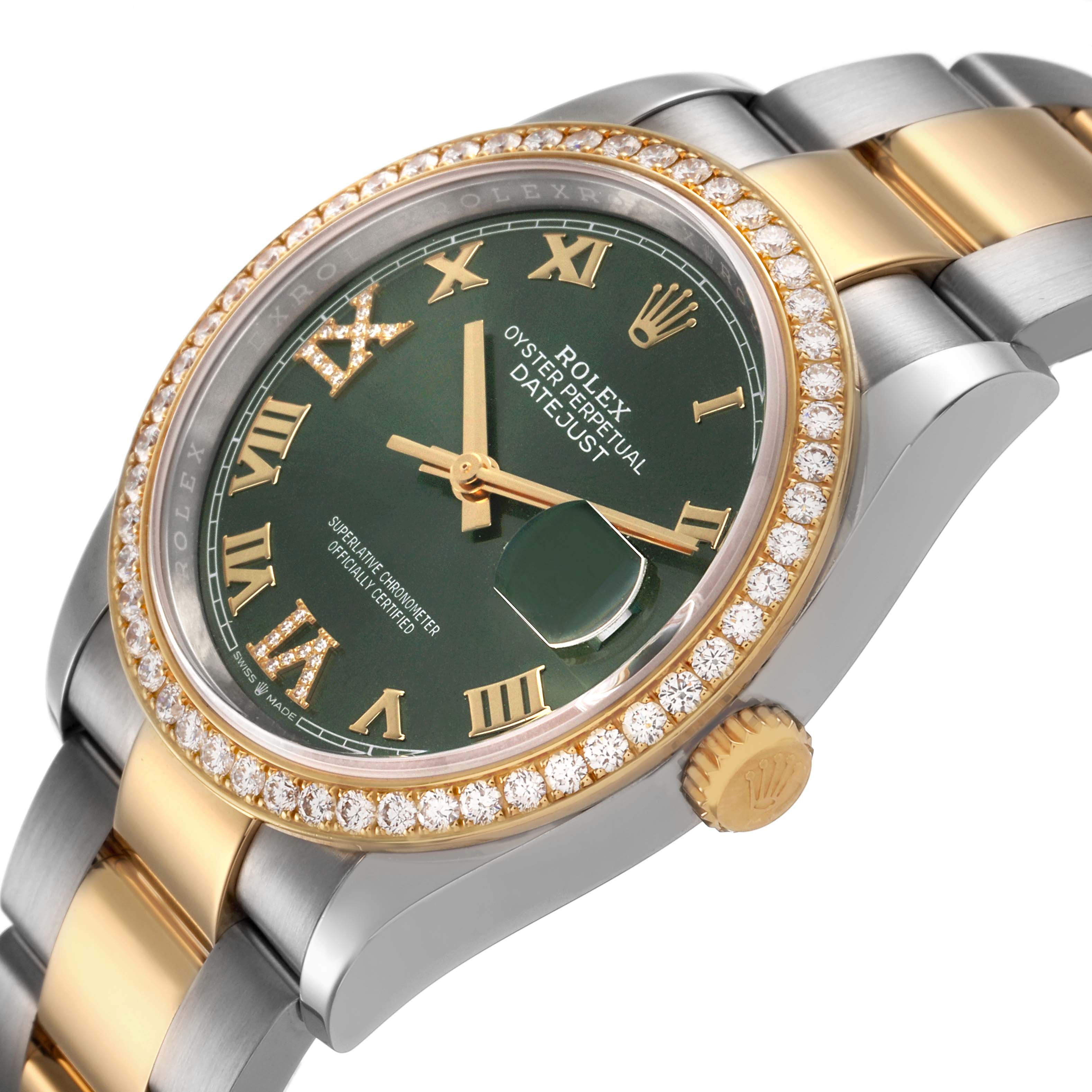 The Rolex Datejust 126283 Women's Steel and Gold (two tone) Green Dial watch is shown at a slight angle displaying the bezel, dial, crown, and part of the bracelet.