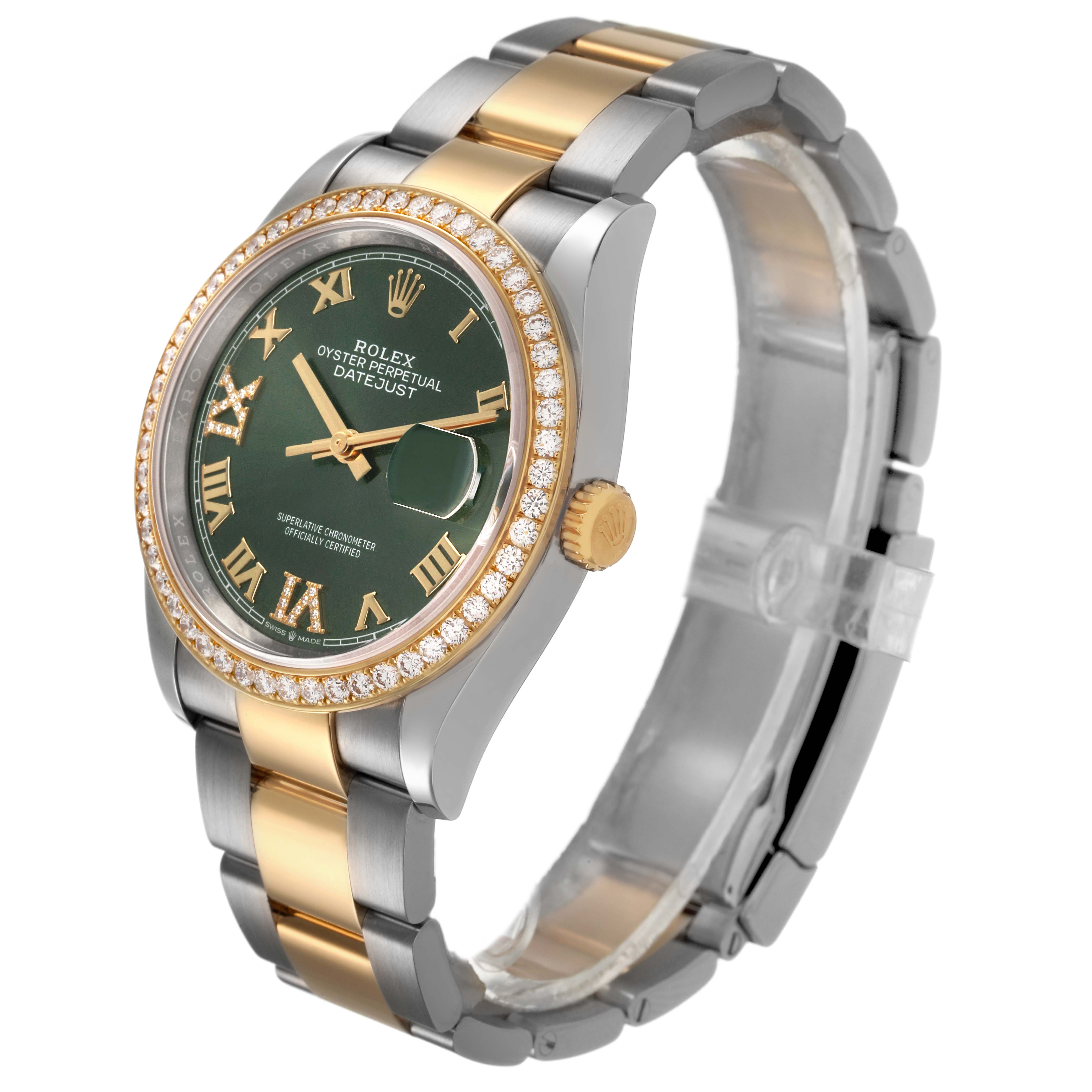 The Rolex Datejust 126283 Women's Steel and Gold (two tone) Green Dial watch is shown at an angle highlighting its green dial, diamond bezel, and two-tone bracelet.