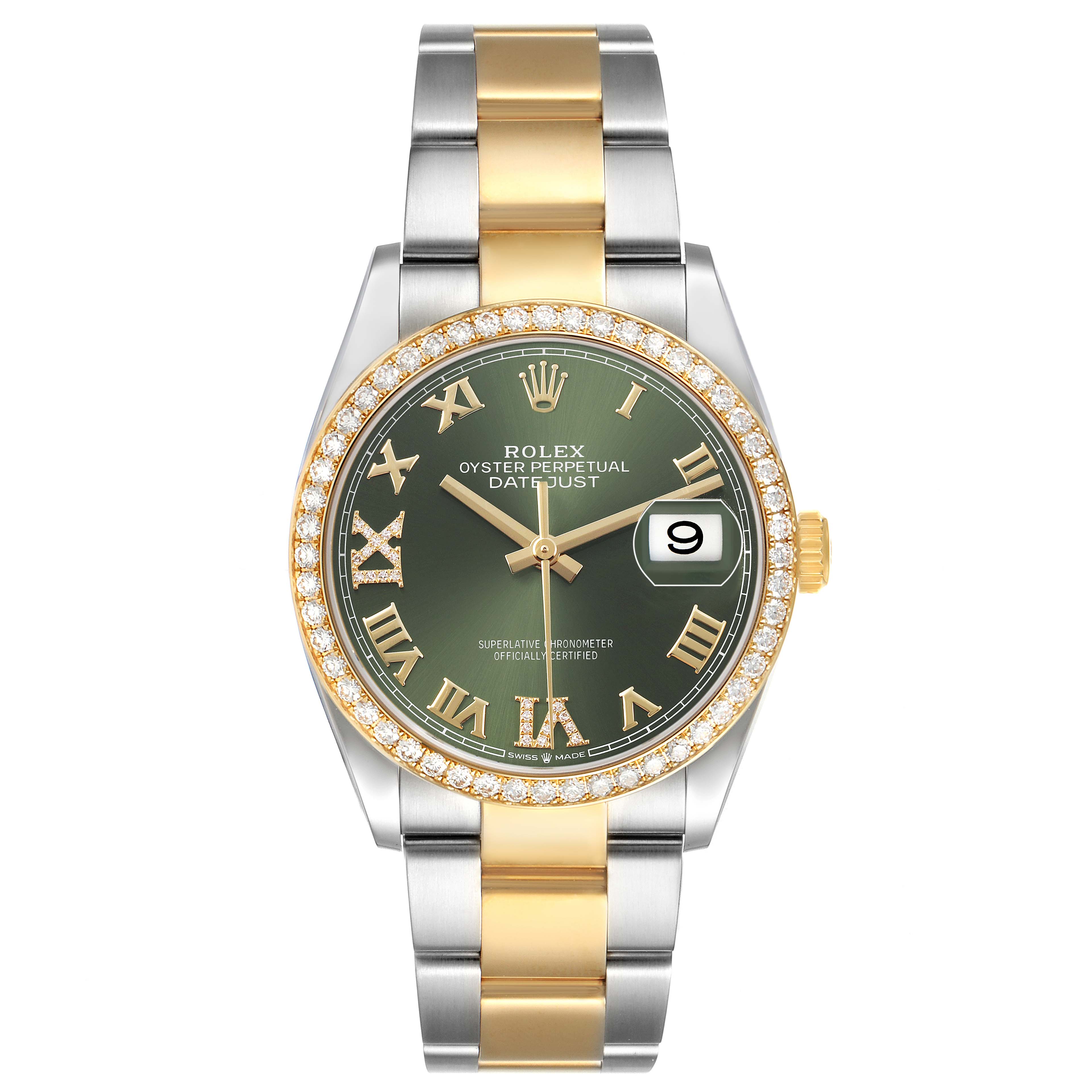 The Rolex Datejust 126283 Women's Steel and Gold (two tone) Green Dial watch is shown from the front, featuring its green dial, diamond-set bezel, and two-tone bracelet.