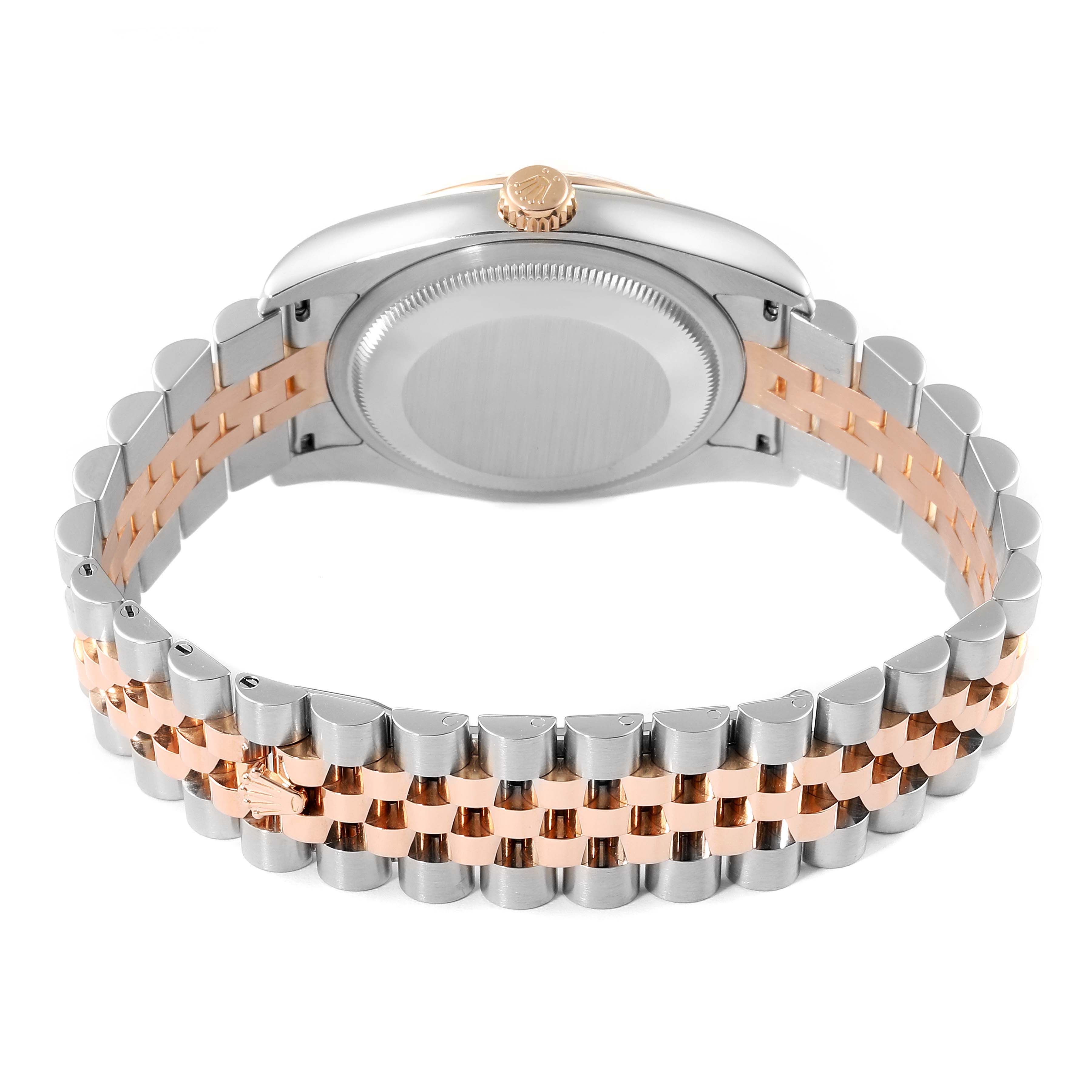 The image shows a Rolex Datejust 116231 Men's Steel and Gold (two tone) White Dial 116231 Men's Steel and Gold (two tone) White Dial watch from the back, highlighting its case and dual-tone Jubilee bracelet.