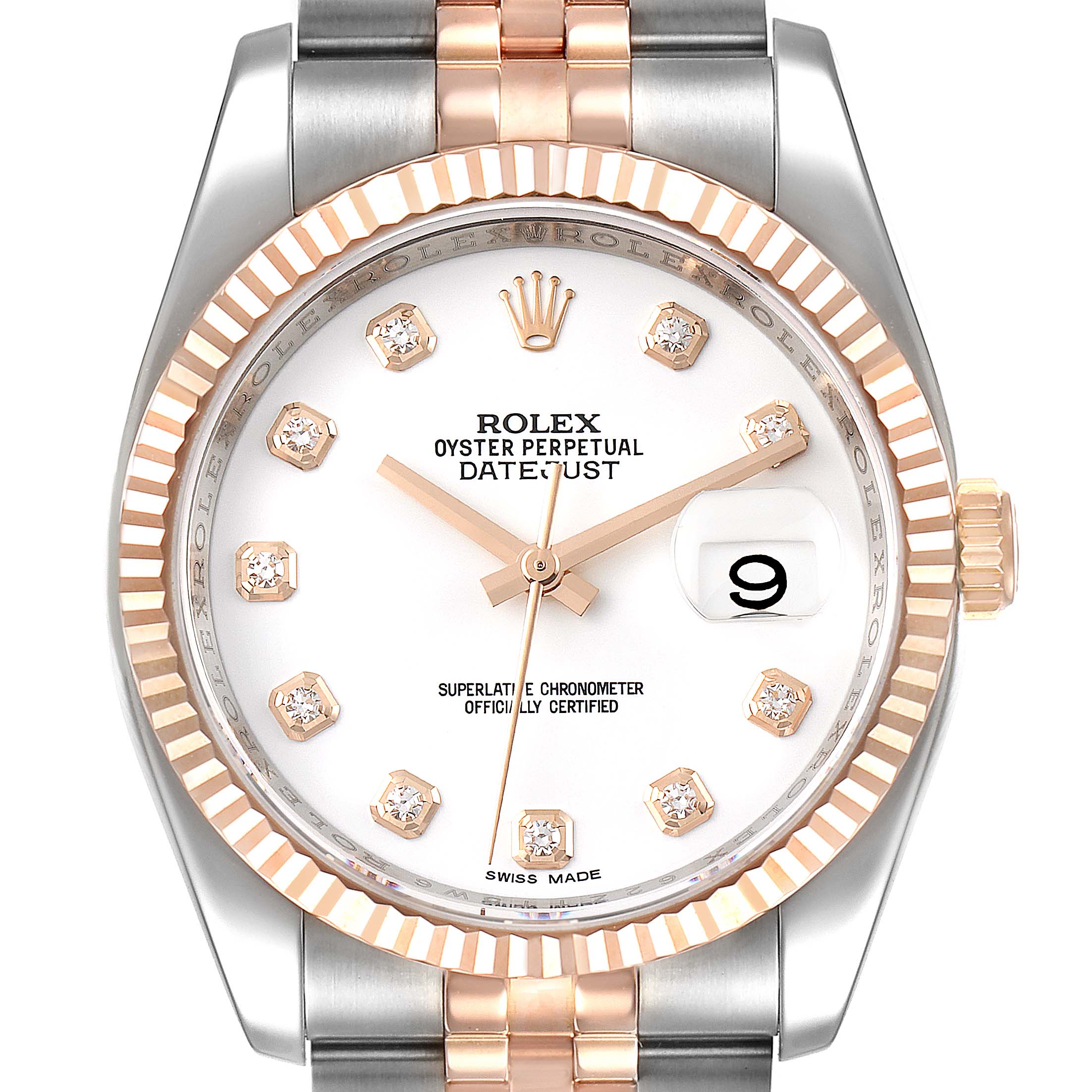 This image shows a frontal view of the Rolex Datejust 116231 Men's Steel and Gold (two tone) White Dial 116231 Men's Steel and Gold (two tone) White Dial watch, highlighting its dial, hour markers, hands, bezel, and part of the bracelet.