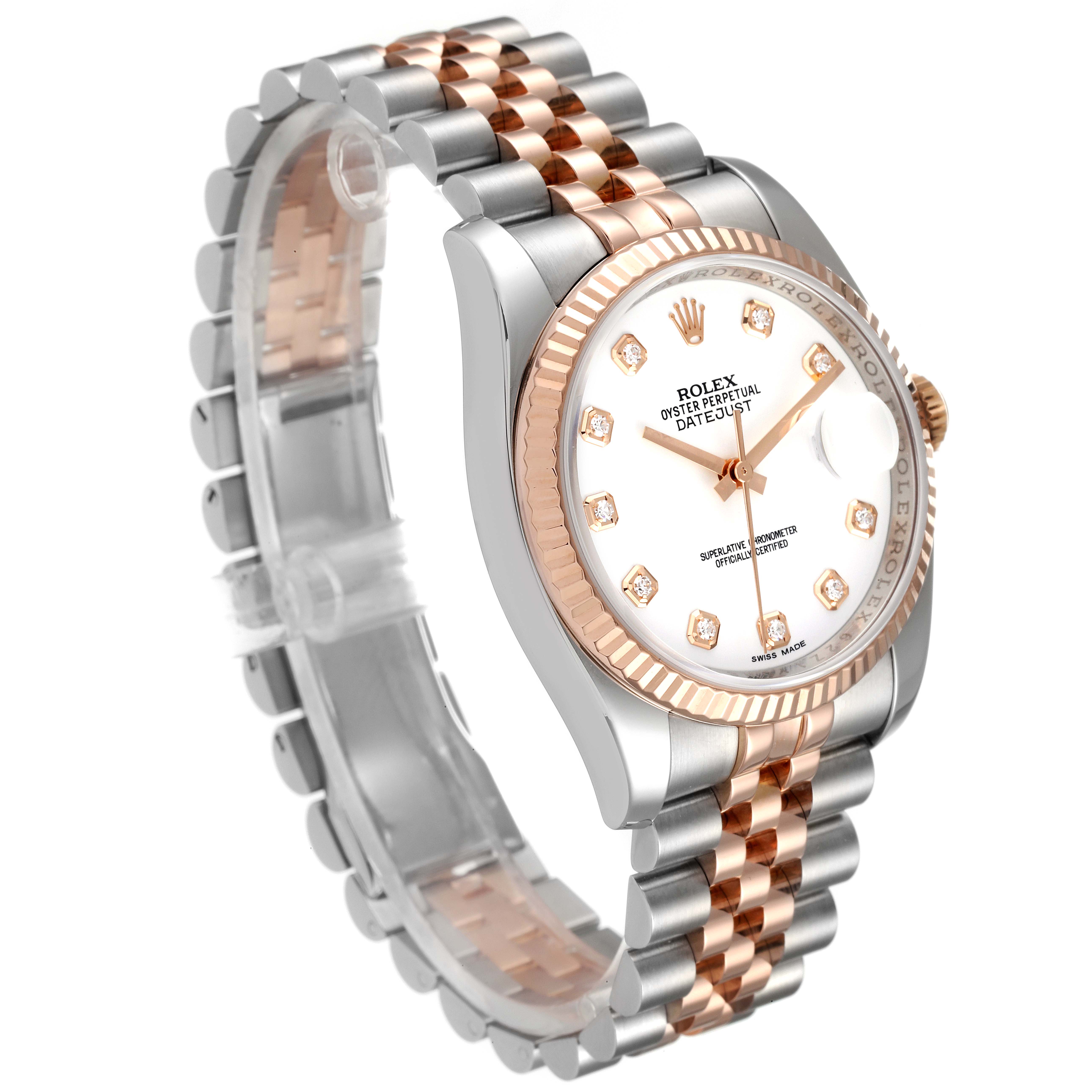 This image shows a Rolex Datejust 116231 Men's Steel and Gold (two tone) White Dial 116231 Men's Steel and Gold (two tone) White Dial watch from a three-quarter angle highlighting the face, bezel, crown, and two-tone bracelet.