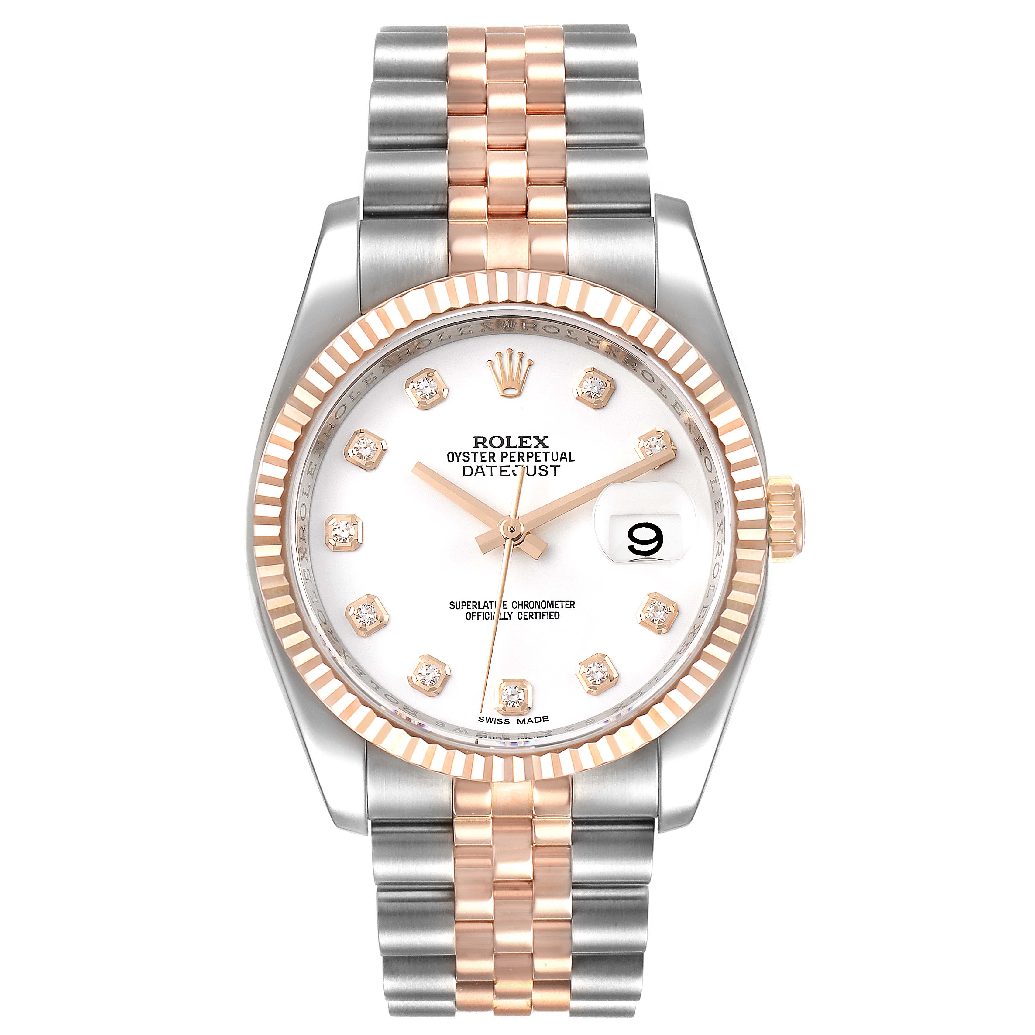The image shows a front view of the Rolex Datejust 116231 Men's Steel and Gold (two tone) White Dial 116231 Men's Steel and Gold (two tone) White Dial watch, highlighting the dial, bezel, and bracelet.
