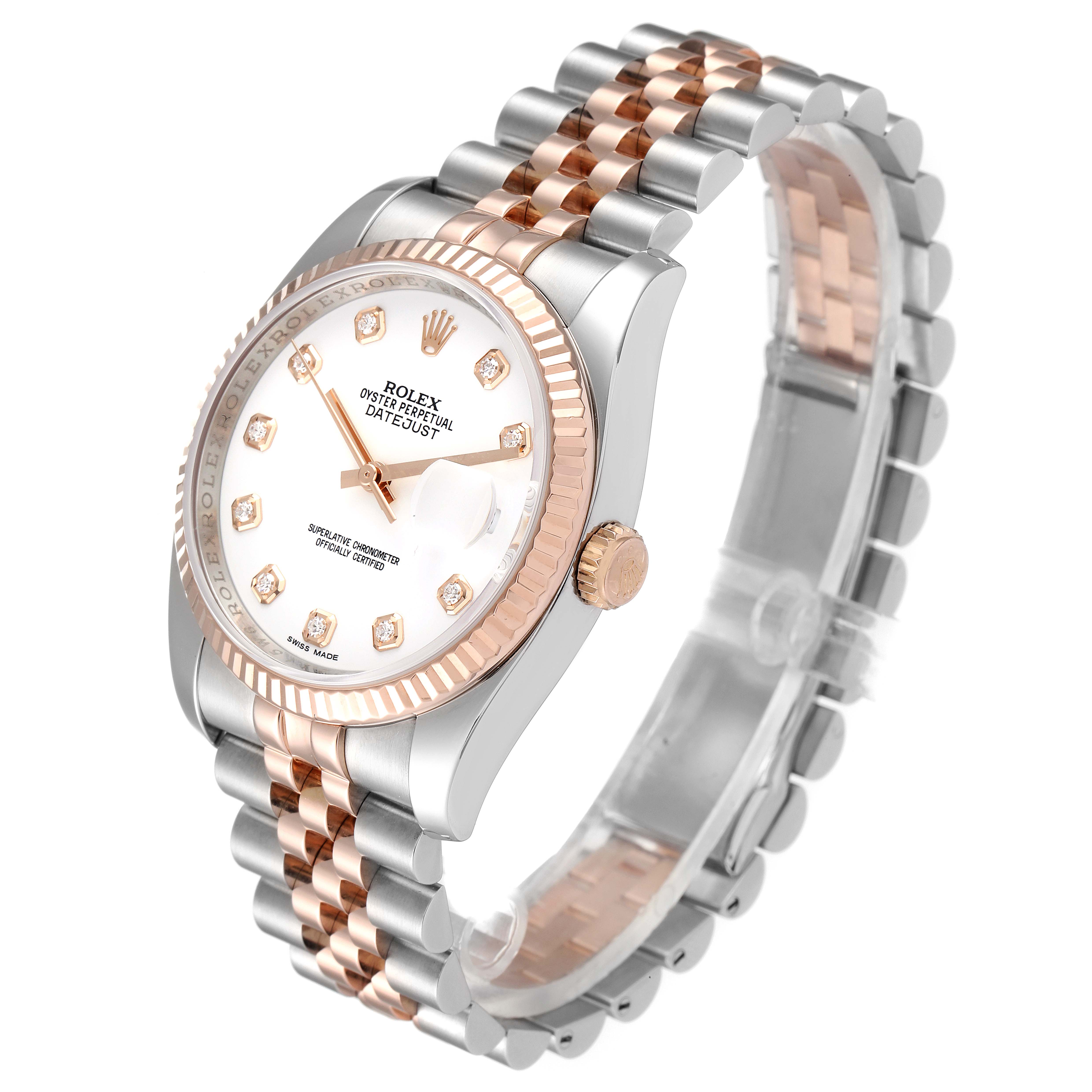 This image shows a Rolex Datejust 116231 Men's Steel and Gold (two tone) White Dial 116231 Men's Steel and Gold (two tone) White Dial watch angled to display its face, bezel, crown, and two-tone Jubilee bracelet.