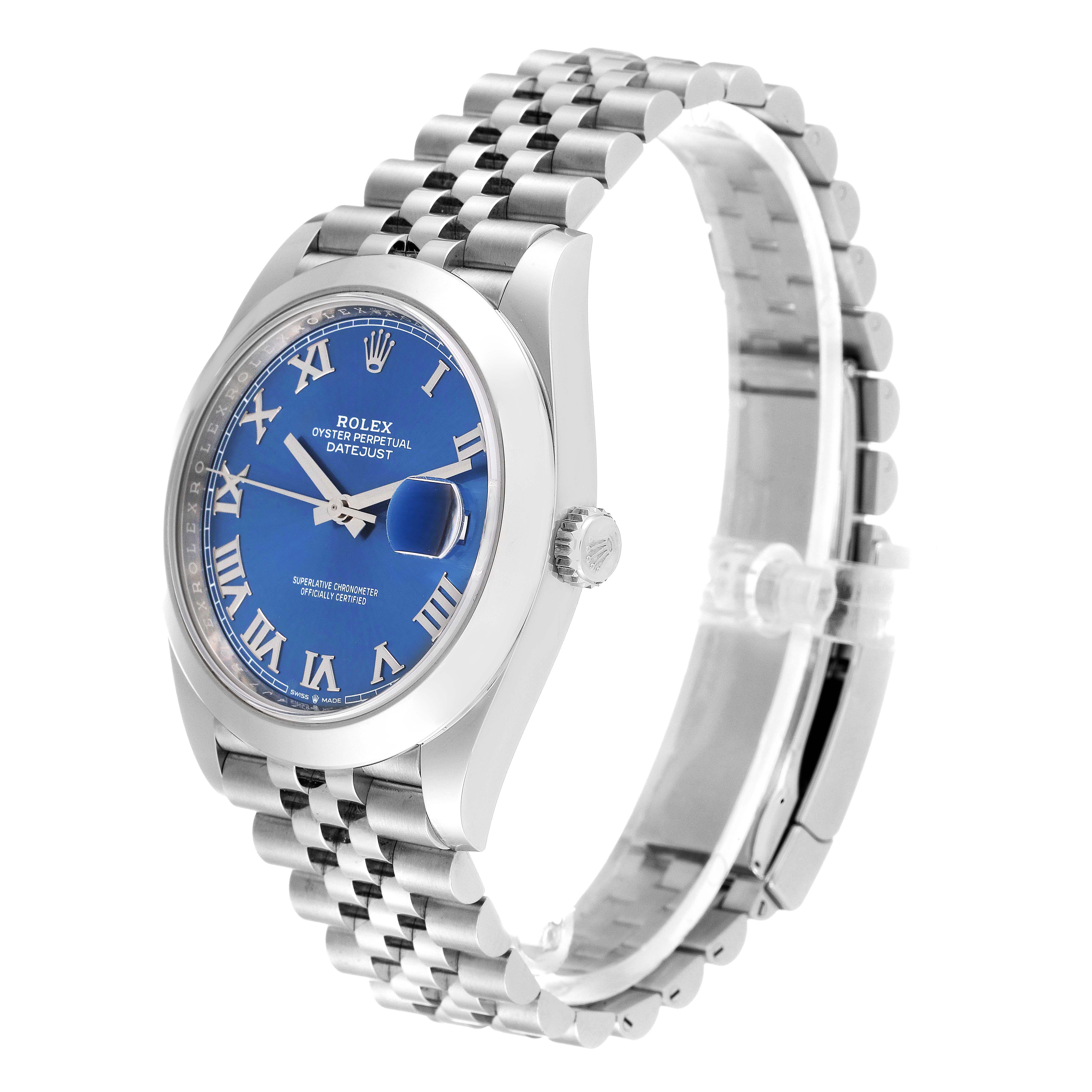 The image shows a Rolex Datejust 41 126300 Men's Stainless Steel Blue Dial 126300 Men's Stainless Steel Blue Dial watch at an angle highlighting its face, side profile, and bracelet.